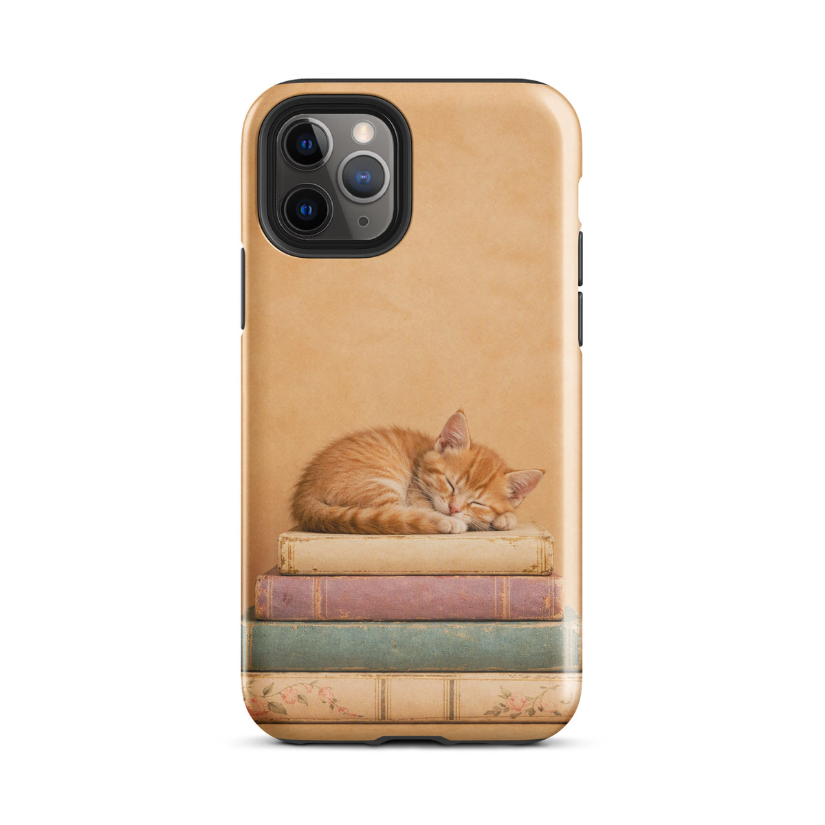 Phone Case for iPhone with sleeping kitten on vintage books, featuring warm neutral colors and cozy design.