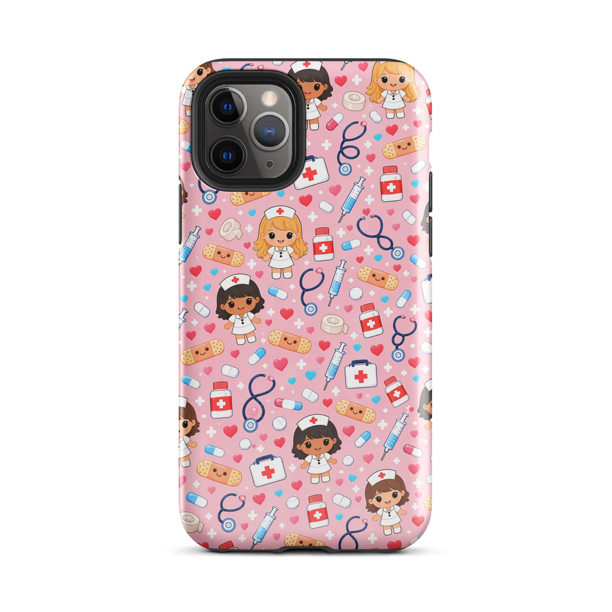 Phone Case for iPhone with kawaii nurse medical pattern on pink background