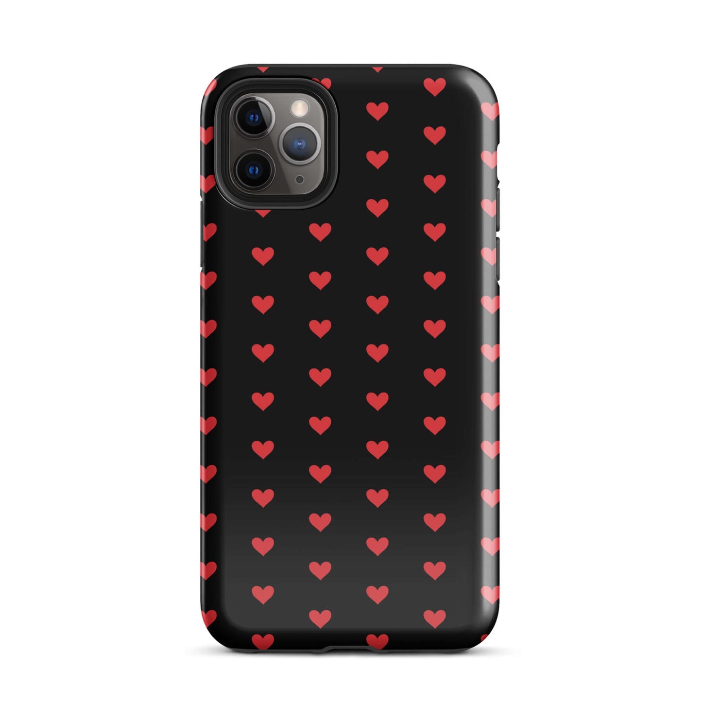 Phone Case for iPhone featuring a pattern of fiery red hearts on a black background, combining style and protection.