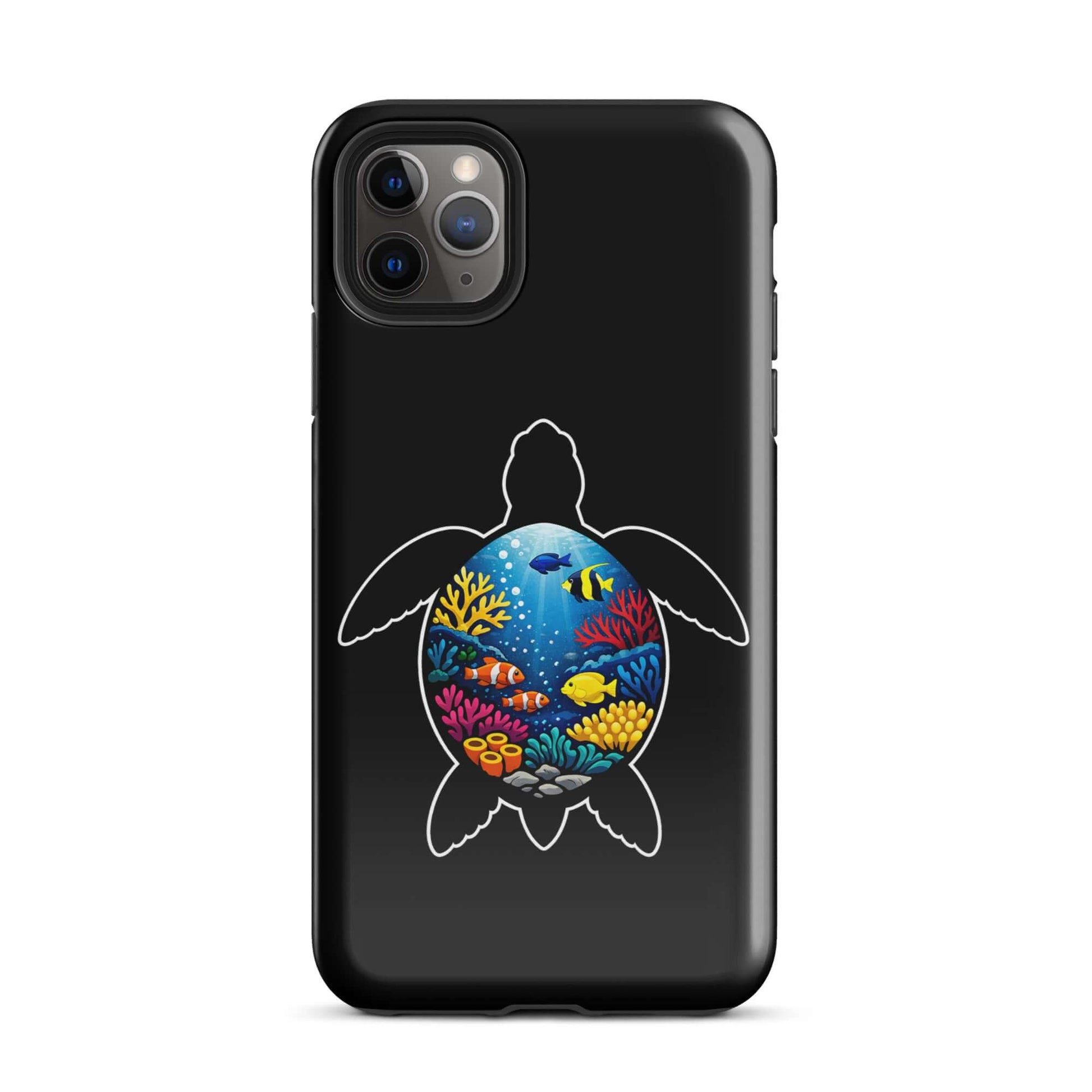 Phone Case featuring vibrant sea turtle reef design on a black background, perfect for marine life enthusiasts.
