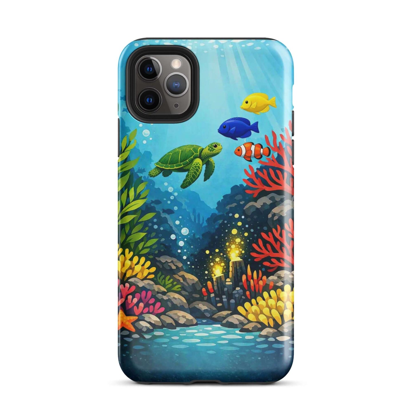 Phone case featuring vibrant sea turtle and coral reef design, bringing ocean magic to your device.