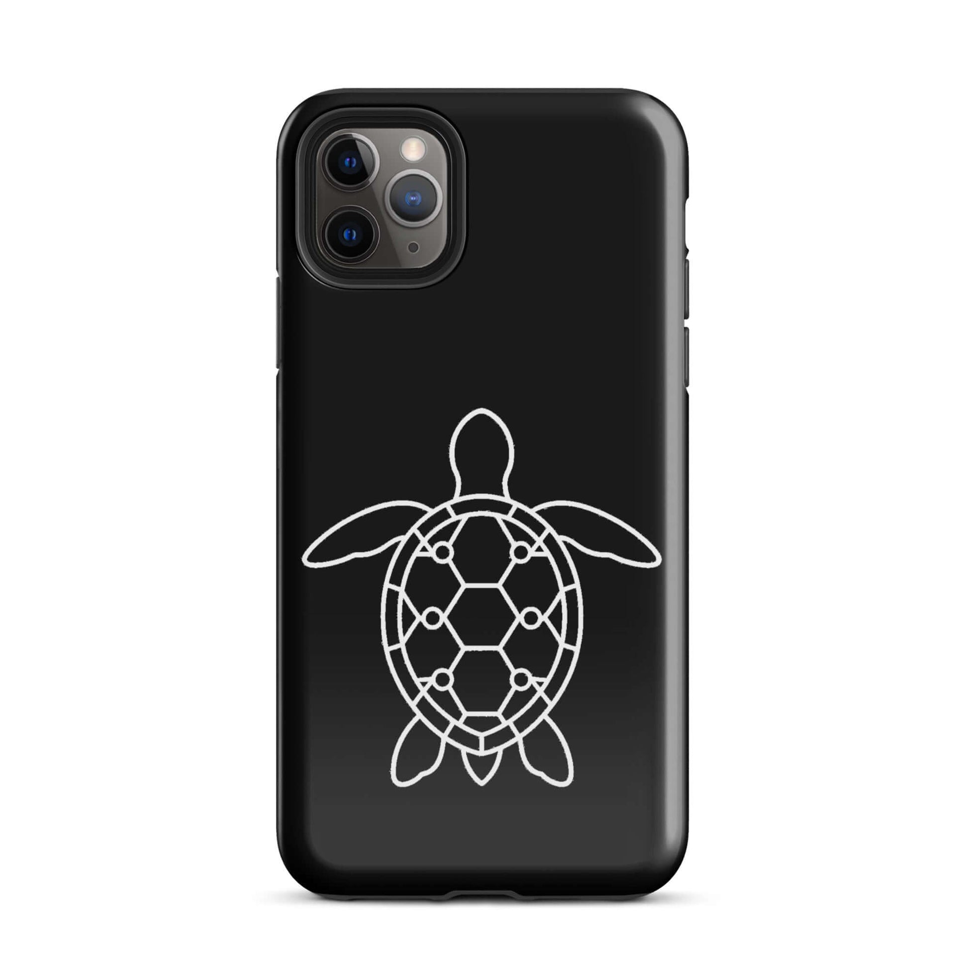 Phone case featuring a minimalist sea turtle silhouette with geometric patterns in white on a black background.
