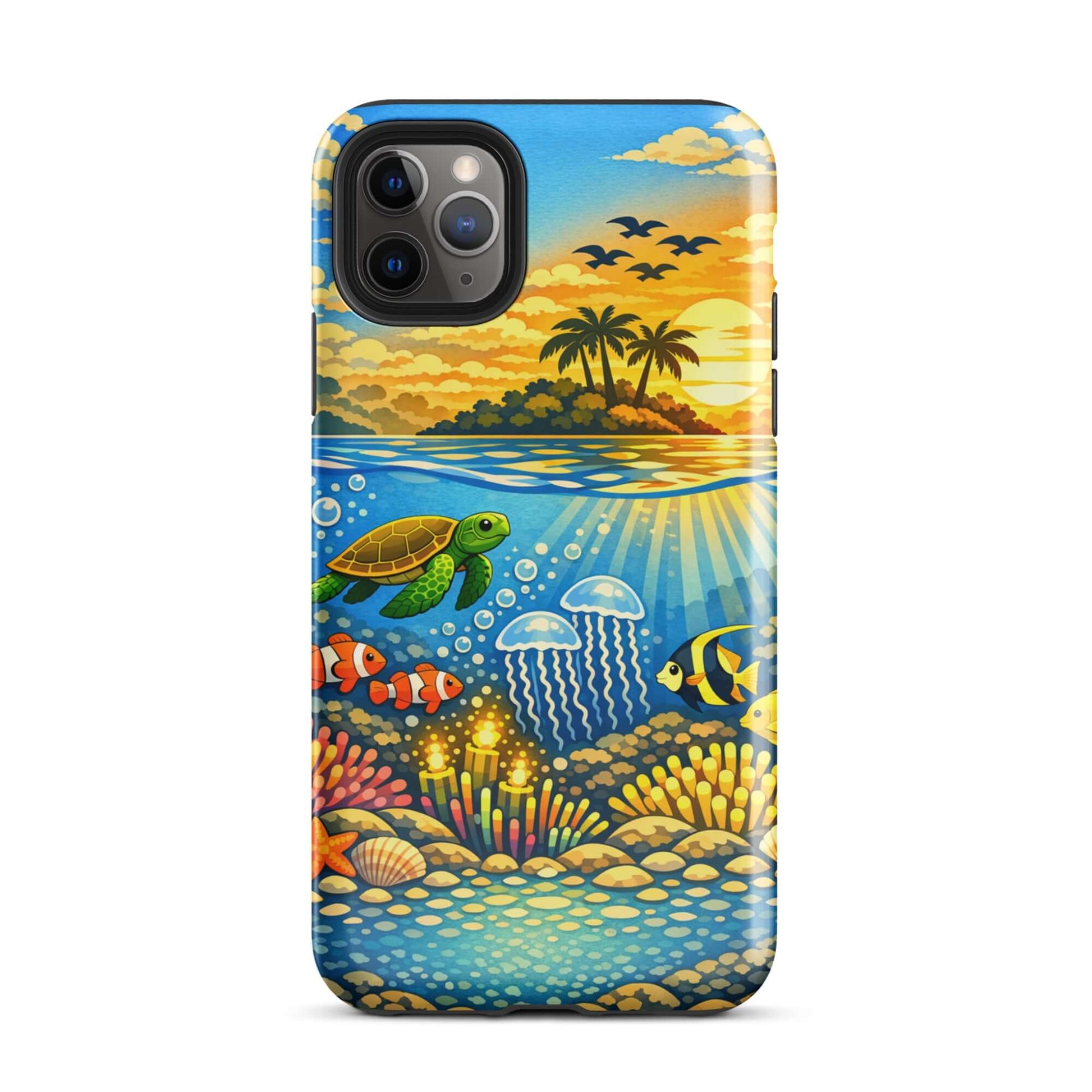 Phone Case featuring a tropical sunset and underwater reef with sea turtles and clownfish.