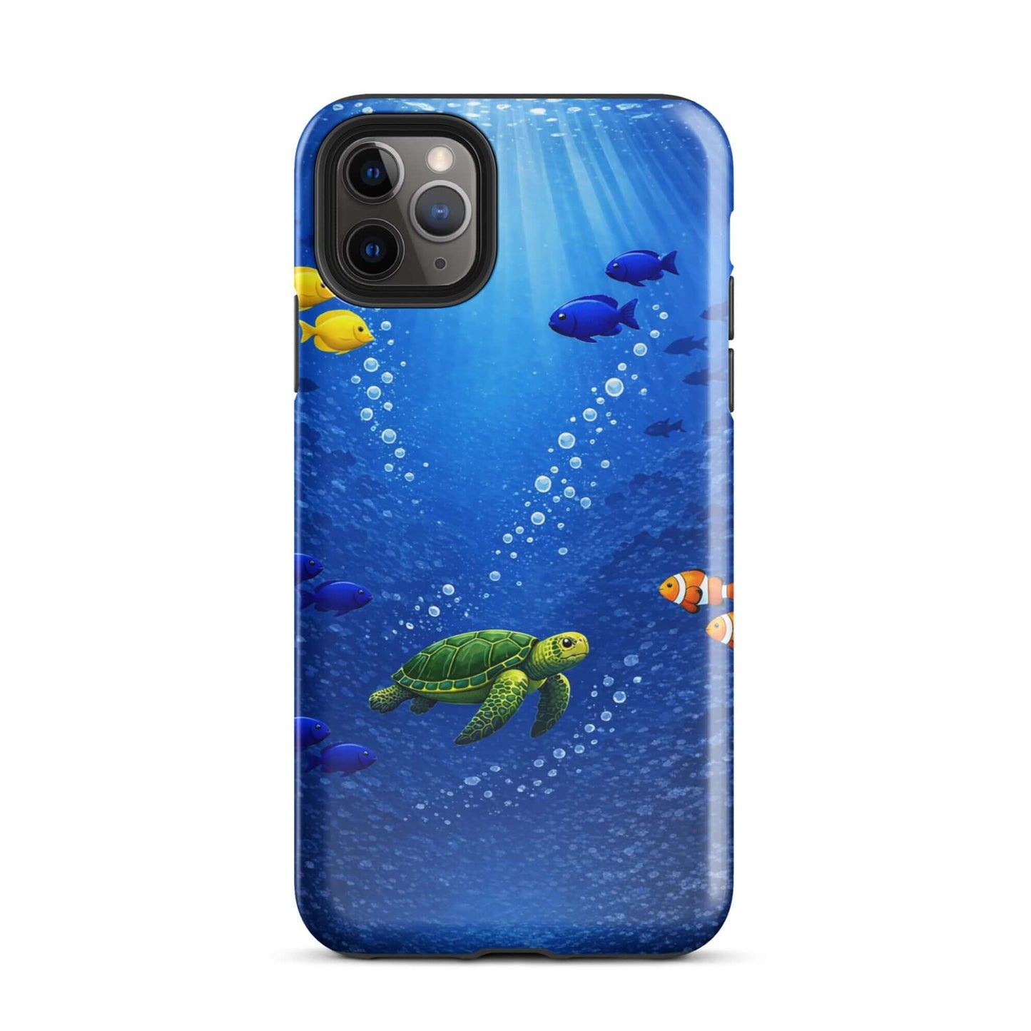Phone Case featuring a sea turtle and tropical fish design, showcasing deep blue underwater elegance.