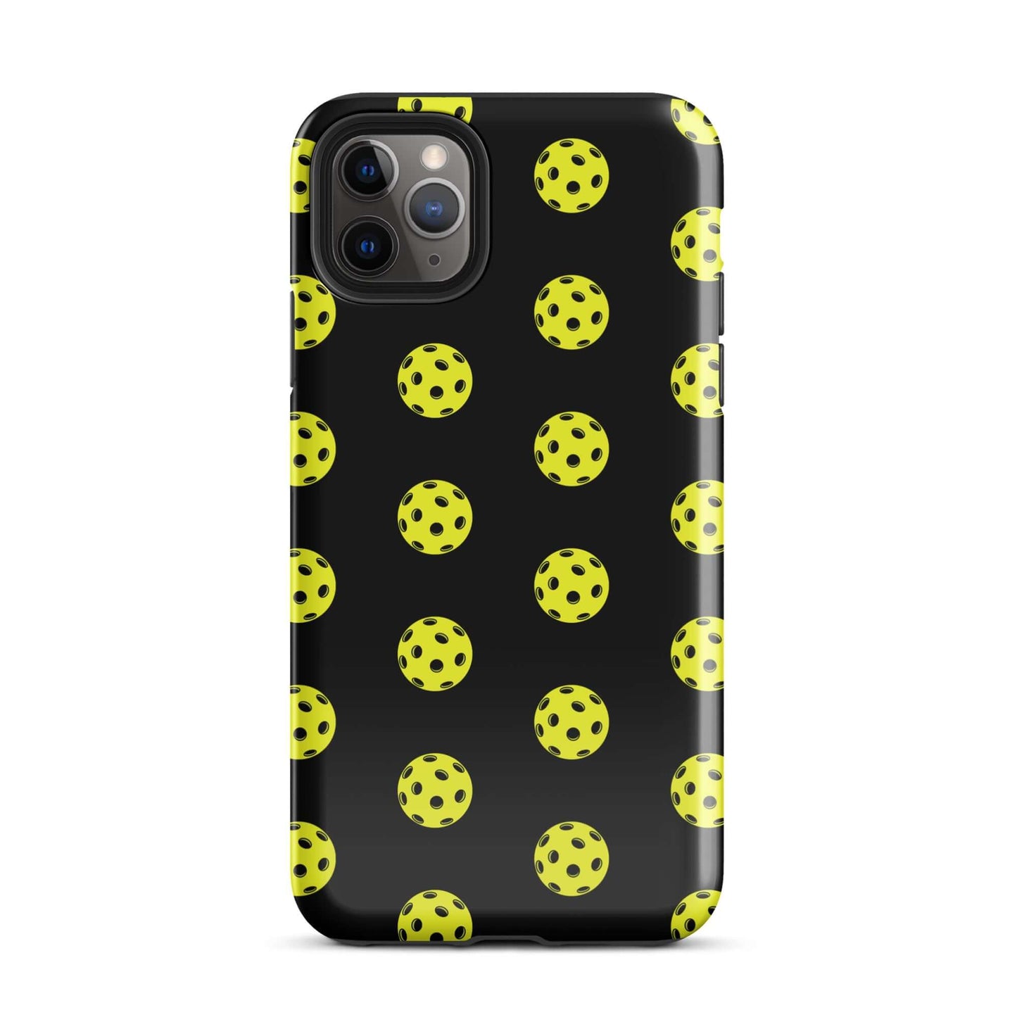 Phone Case with a playful pickleball pattern on a black background for sporty style.