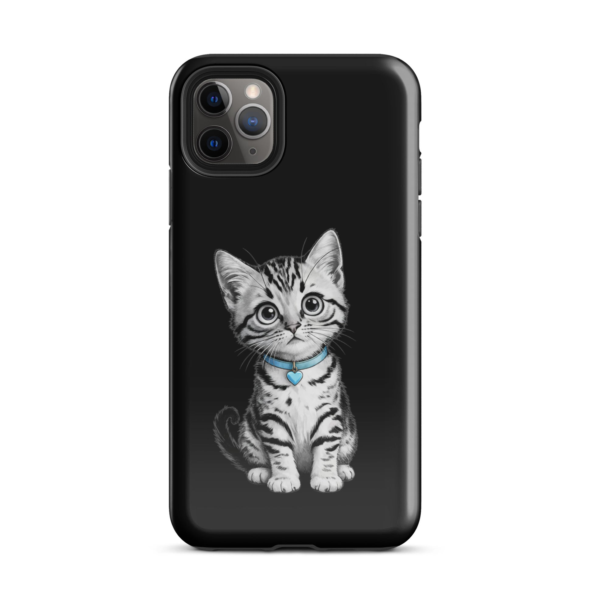 Phone Case for iPhone featuring a pencil-sketch kitten with a blue collar and heart charm, offering style and protection.