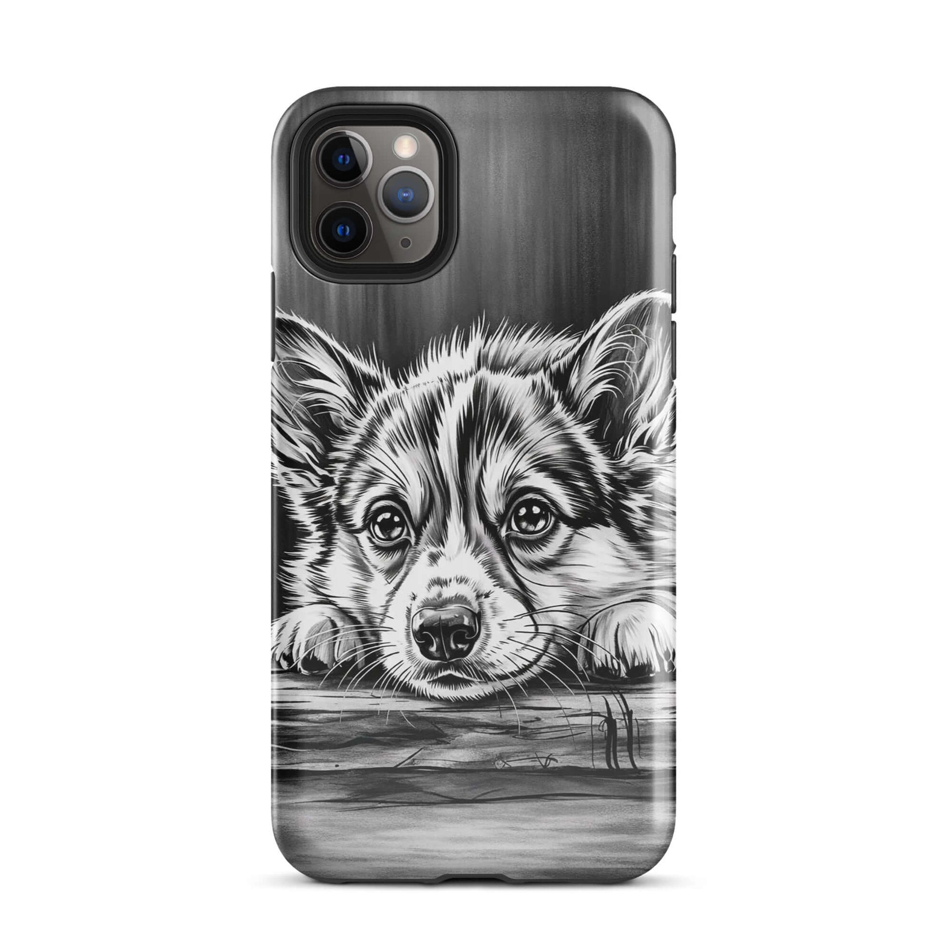 Phone Case for iPhone with elegant puppy art in black-and-white, featuring a puppy resting on wood; stylish protection and charm.
