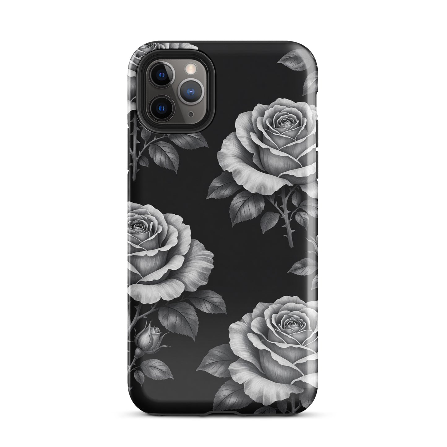 Phone Case for iPhone: Rose Garden Tough Case with black background and hand-sketched rose pattern, elegant floral design.
