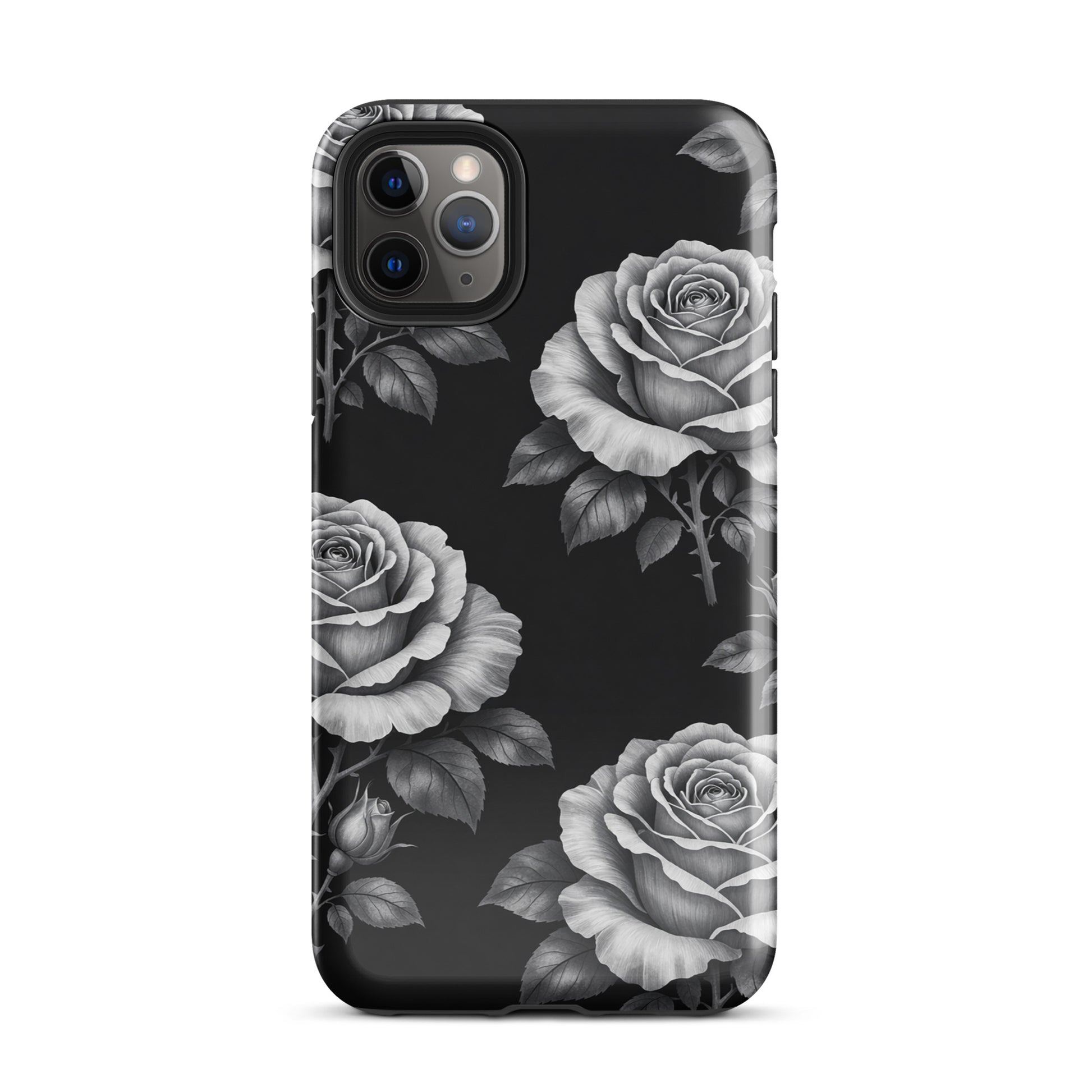 Phone Case for iPhone: Rose Garden Tough Case with black background and hand-sketched rose pattern, elegant floral design.