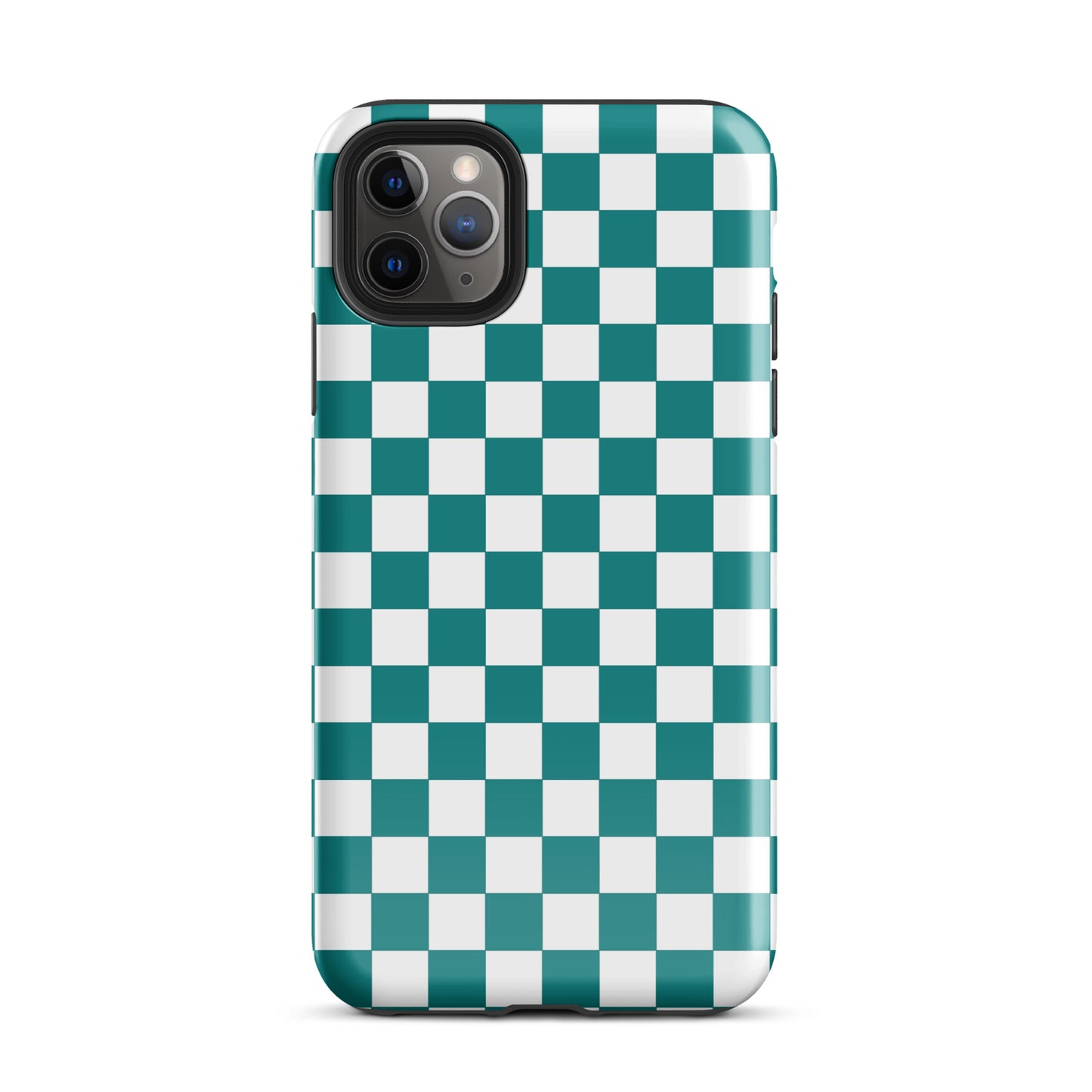Phone Case for iPhone with teal and white checkered design, adding fun and personality to your device.