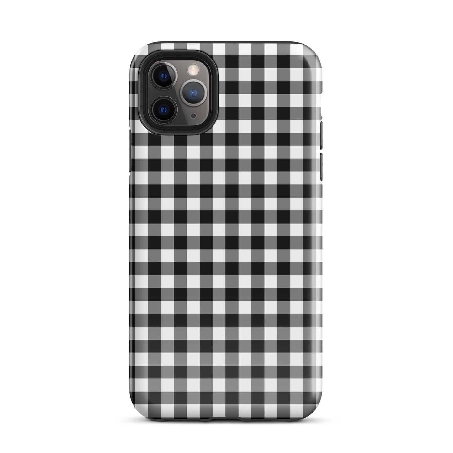 Phone Case with black-and-white gingham pattern for iPhone offering stylish design and durable protection.