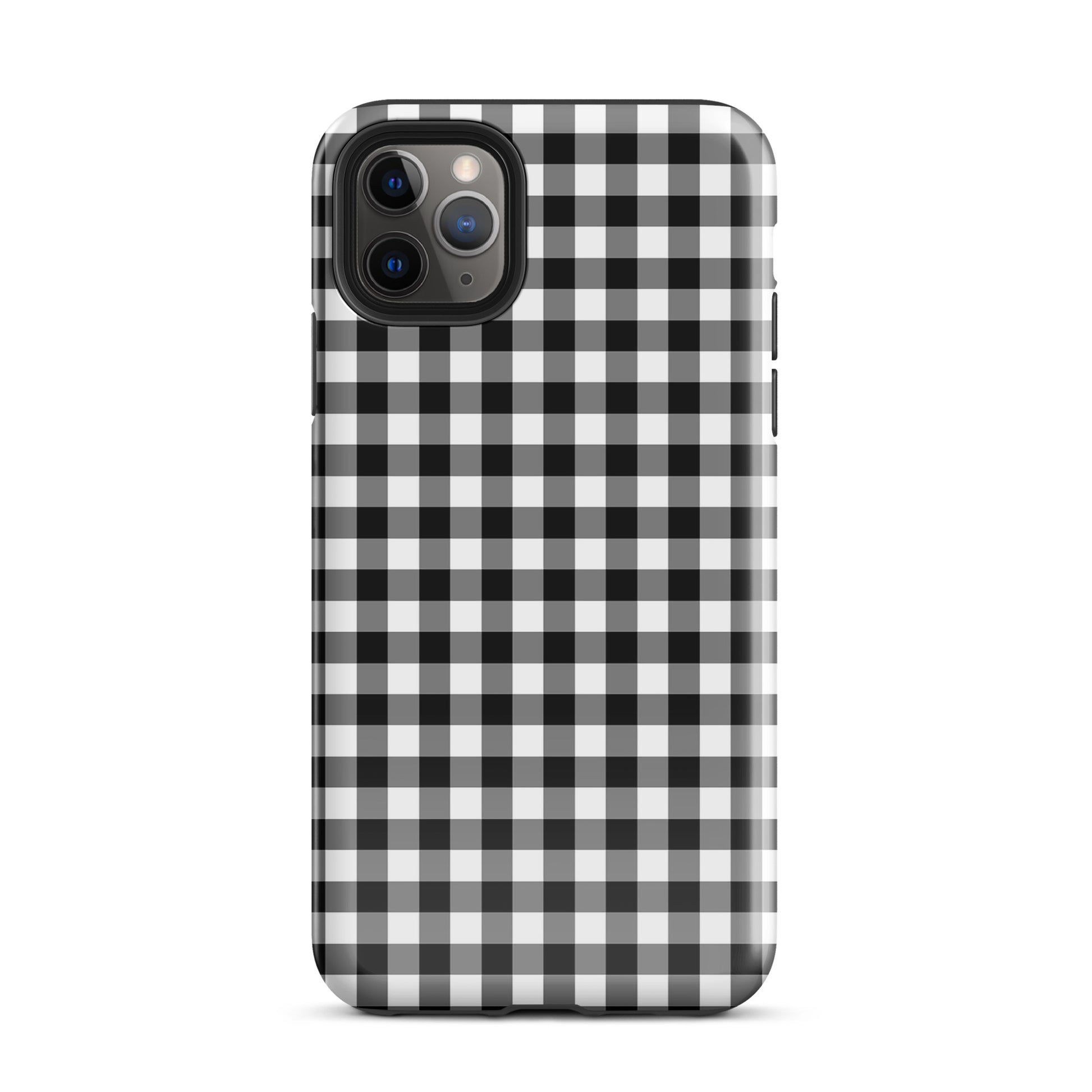 Phone Case with black-and-white gingham pattern for iPhone offering stylish design and durable protection.