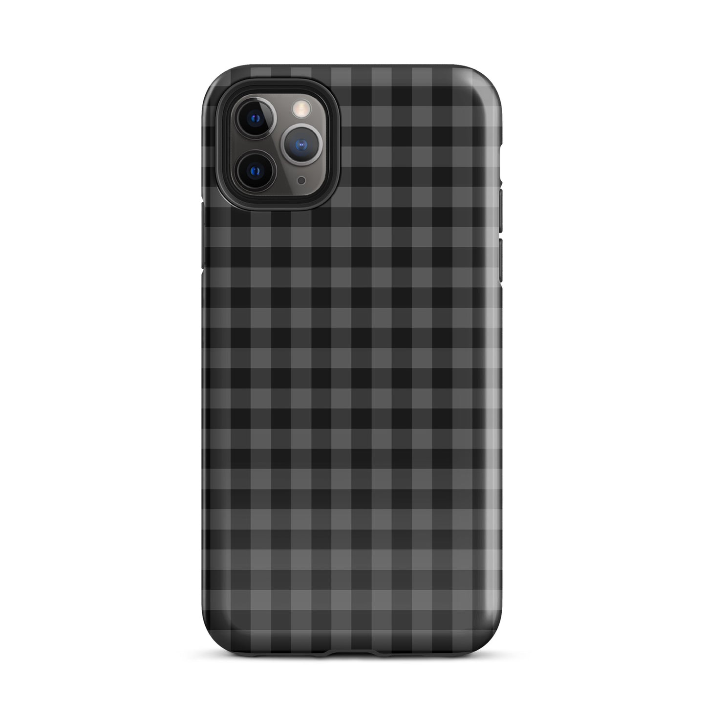 Phone Case with black and charcoal gingham pattern for iPhone, offering modern style and durable protection.