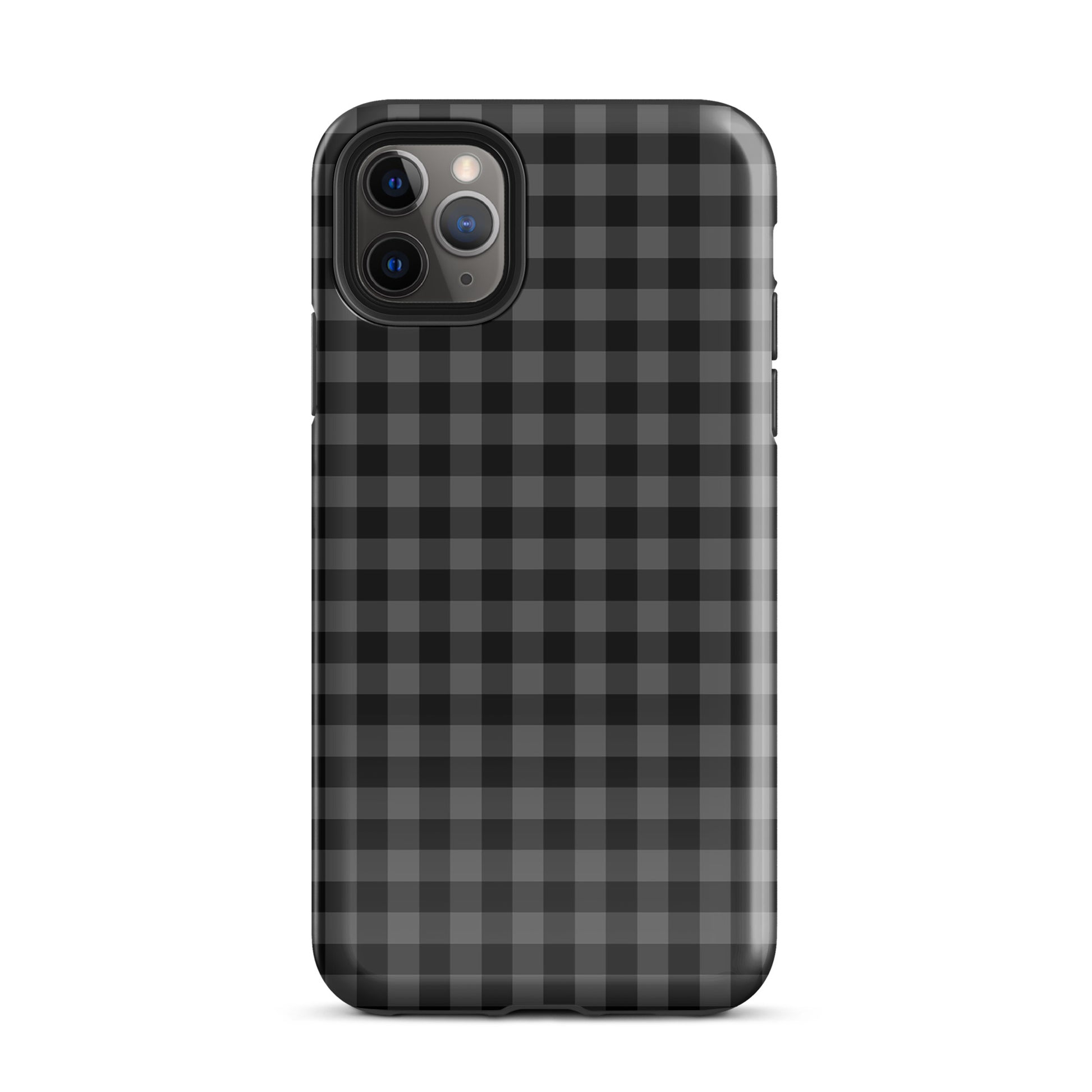 Phone Case with black and charcoal gingham pattern for iPhone, offering modern style and durable protection.