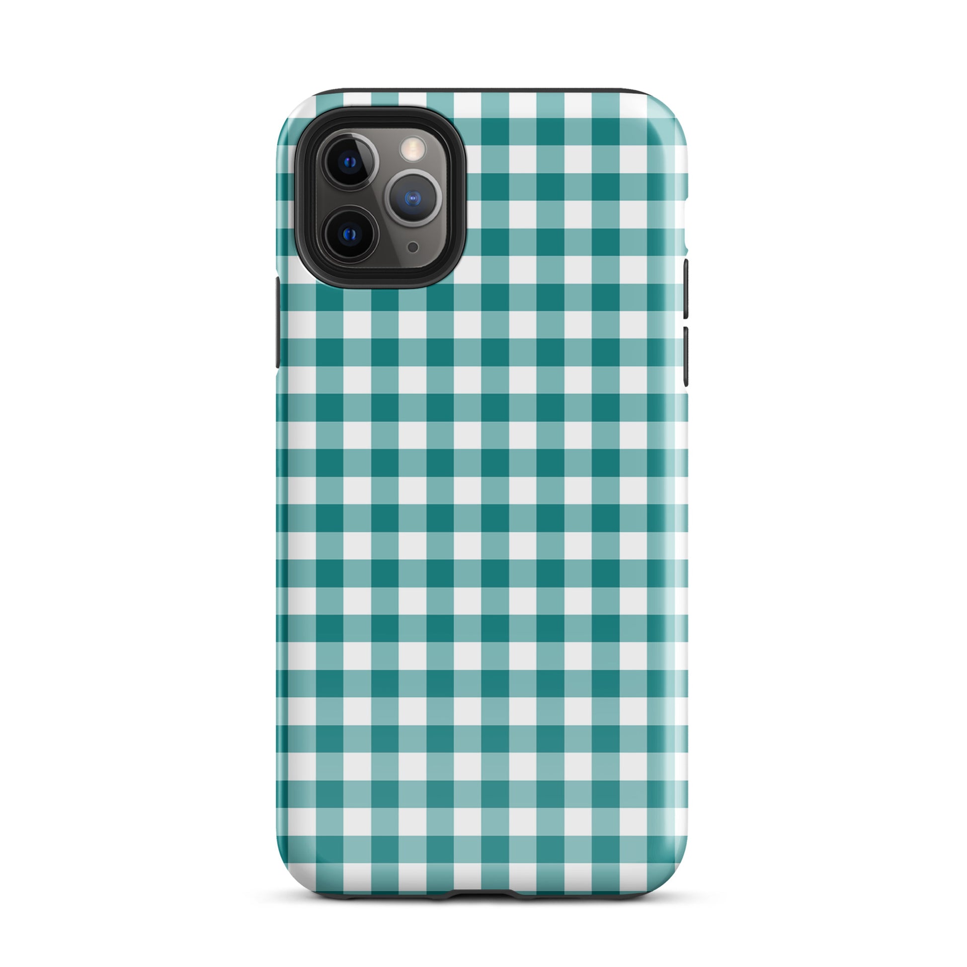 Phone Case for iPhone with teal gingham pattern offering style and protection.