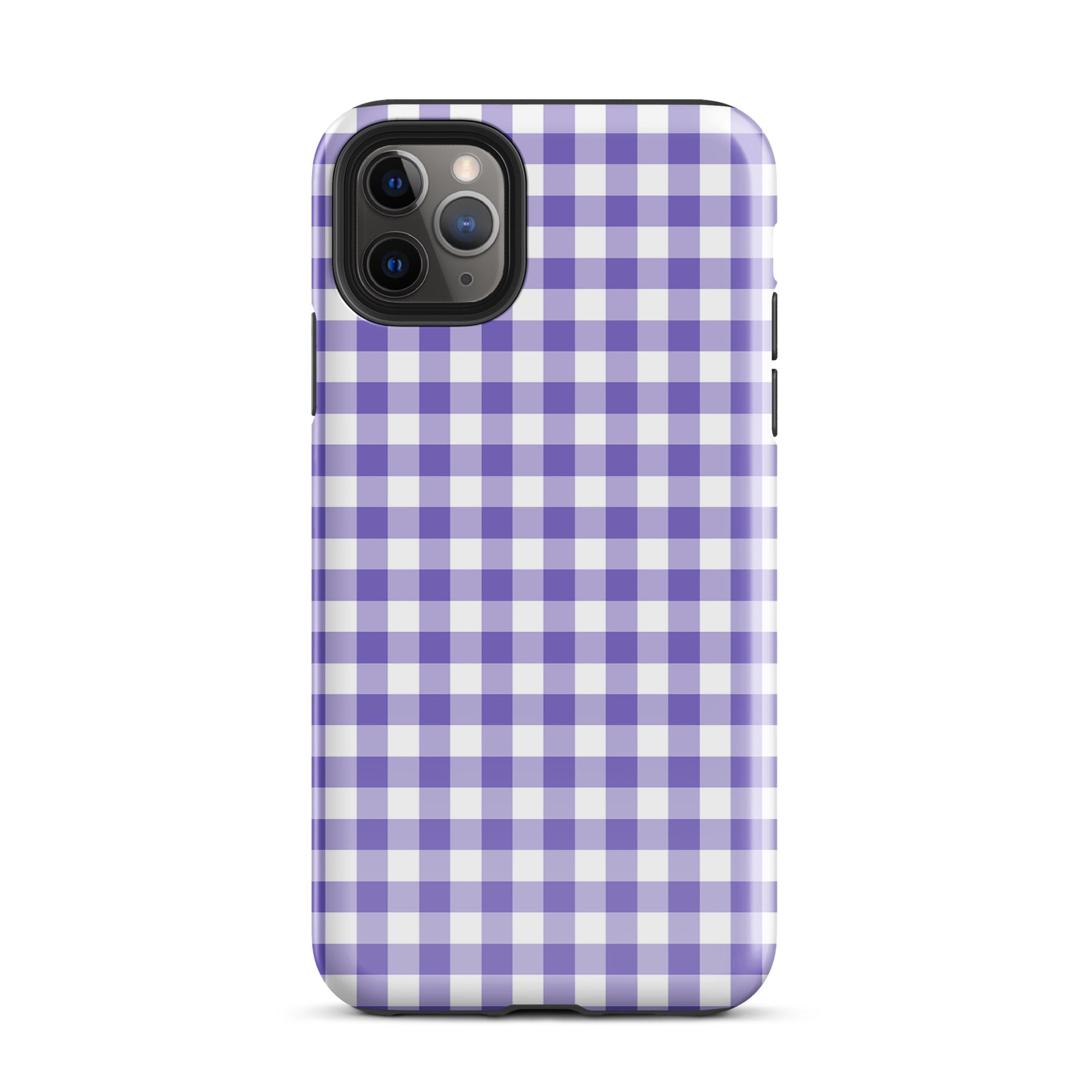 Phone Case with purple and white gingham pattern for iPhone, combining fun style and durability.