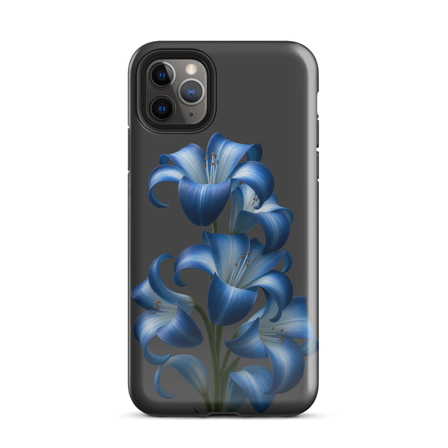 Phone Case for iPhone with blue lily bloom art on dark backdrop for a stylish and tough finish.