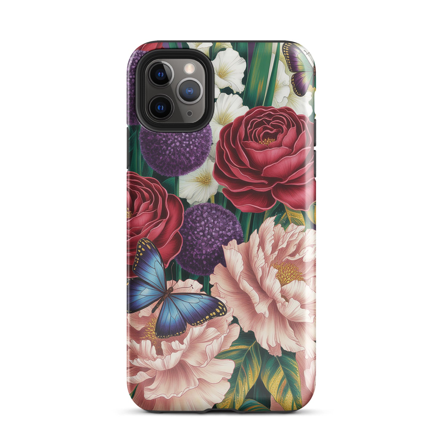 Phone Case for iPhone with vibrant botanical garden design featuring crimson roses, pink peonies, and blue butterflies.