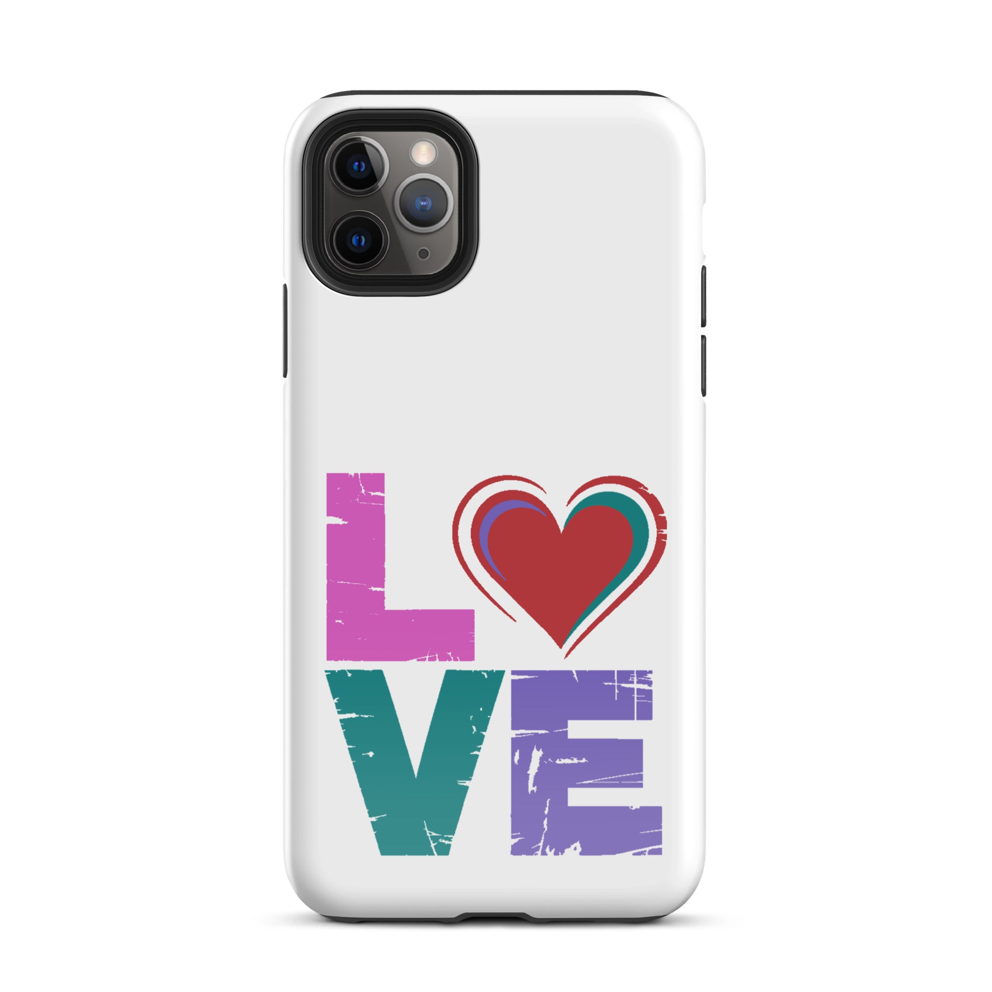 Love Dual Layer Tough Case for iPhones with colorful "LOVE" design and heart replacing the letter "o."