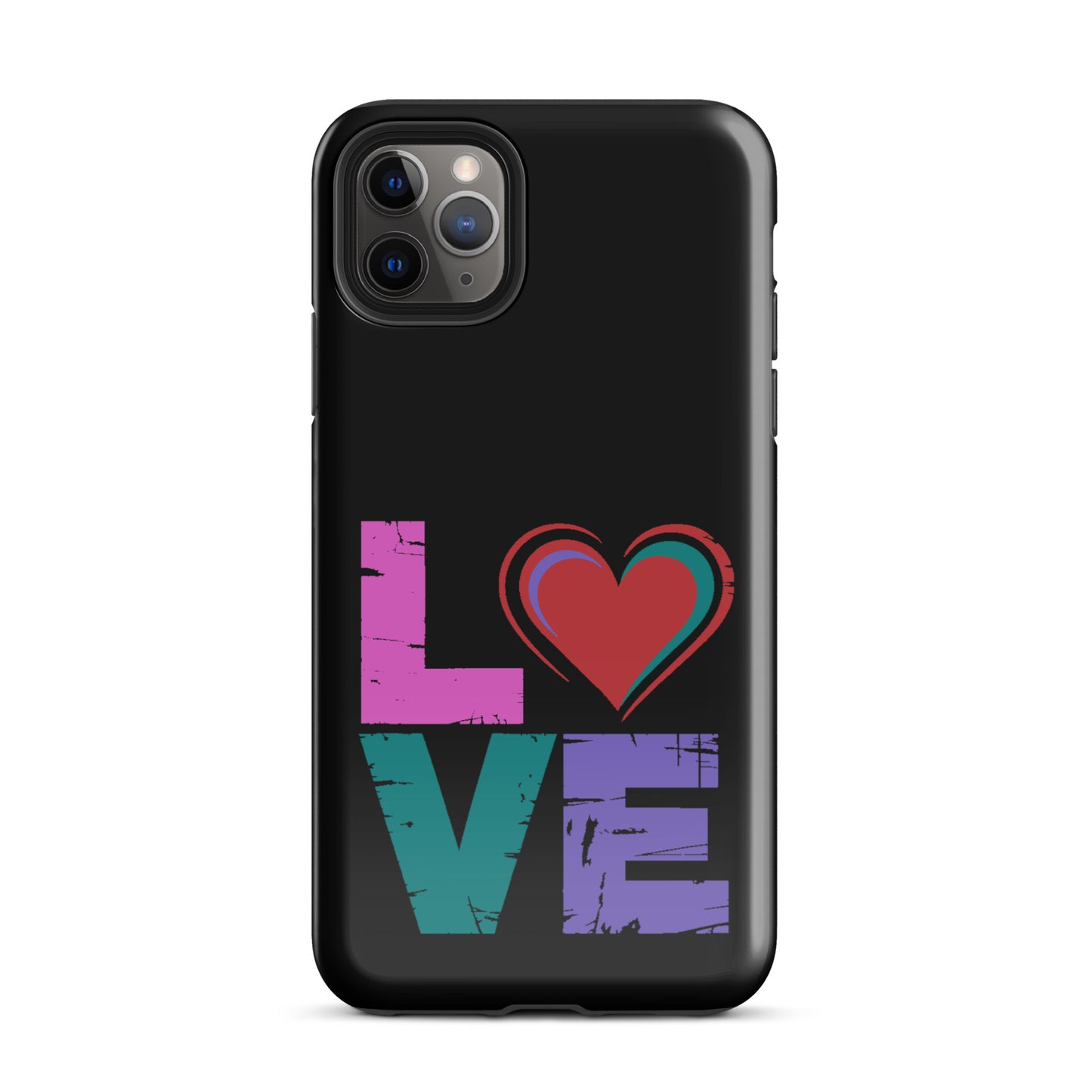 Love Dual Layer Tough Case for iPhones with colorful love design and heart shape on black background.