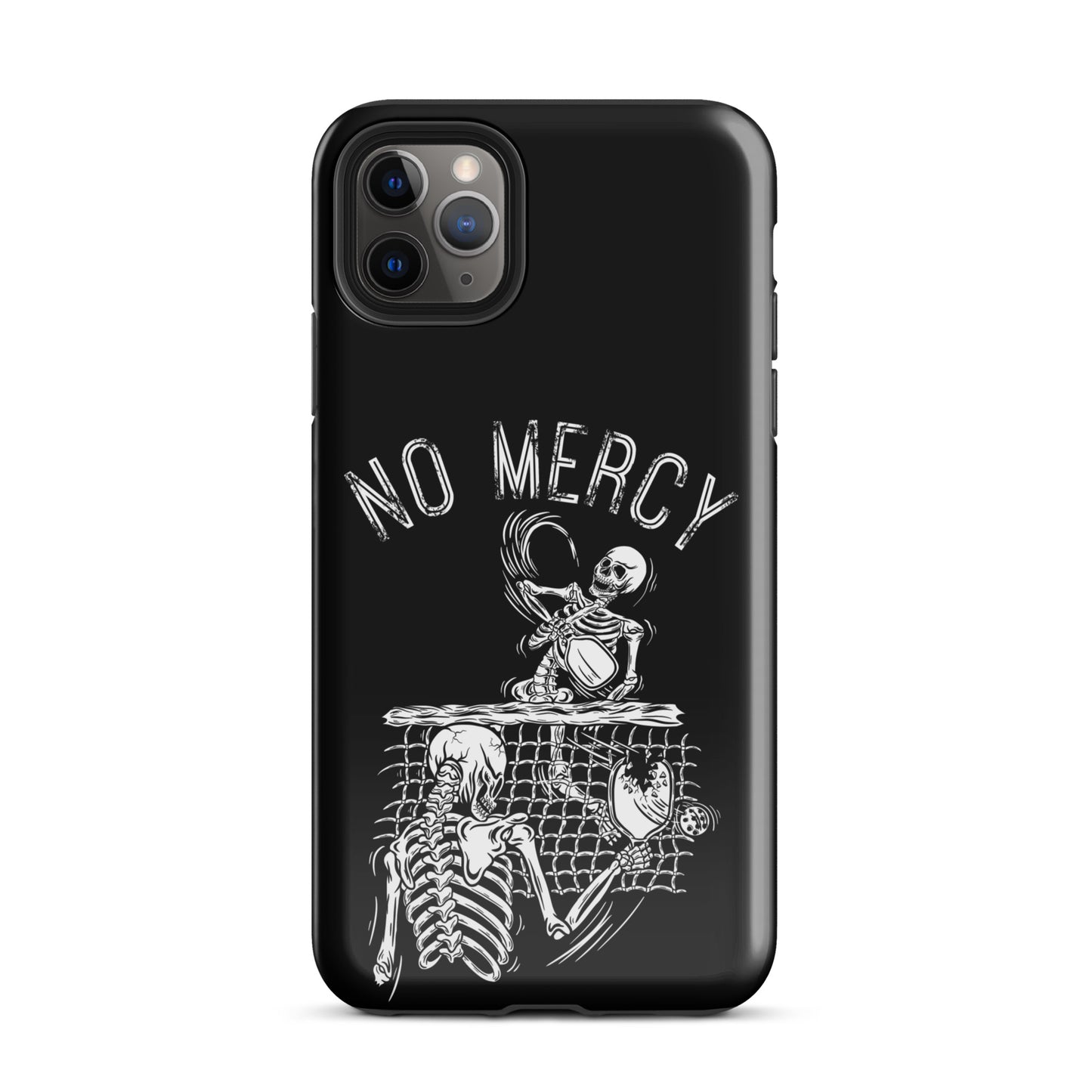Pickleball iPhone Case with "No Mercy" design featuring skeleton players in action, perfect for aggressive players seeking unique style.