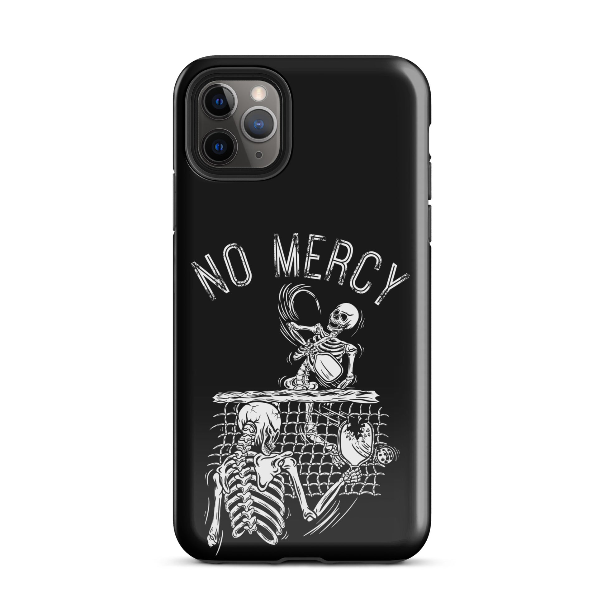 Pickleball iPhone Case with "No Mercy" design featuring skeleton players in action, perfect for aggressive players seeking unique style.