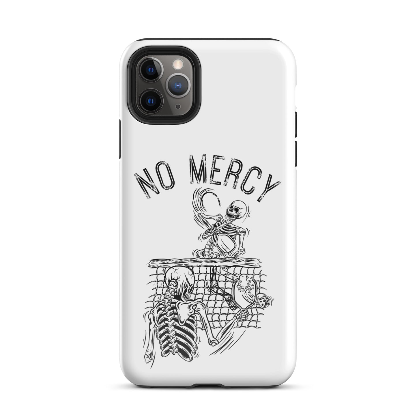 Pickleball iPhone case with "No Mercy" design, featuring skeleton illustration over a net, perfect for aggressive court players.