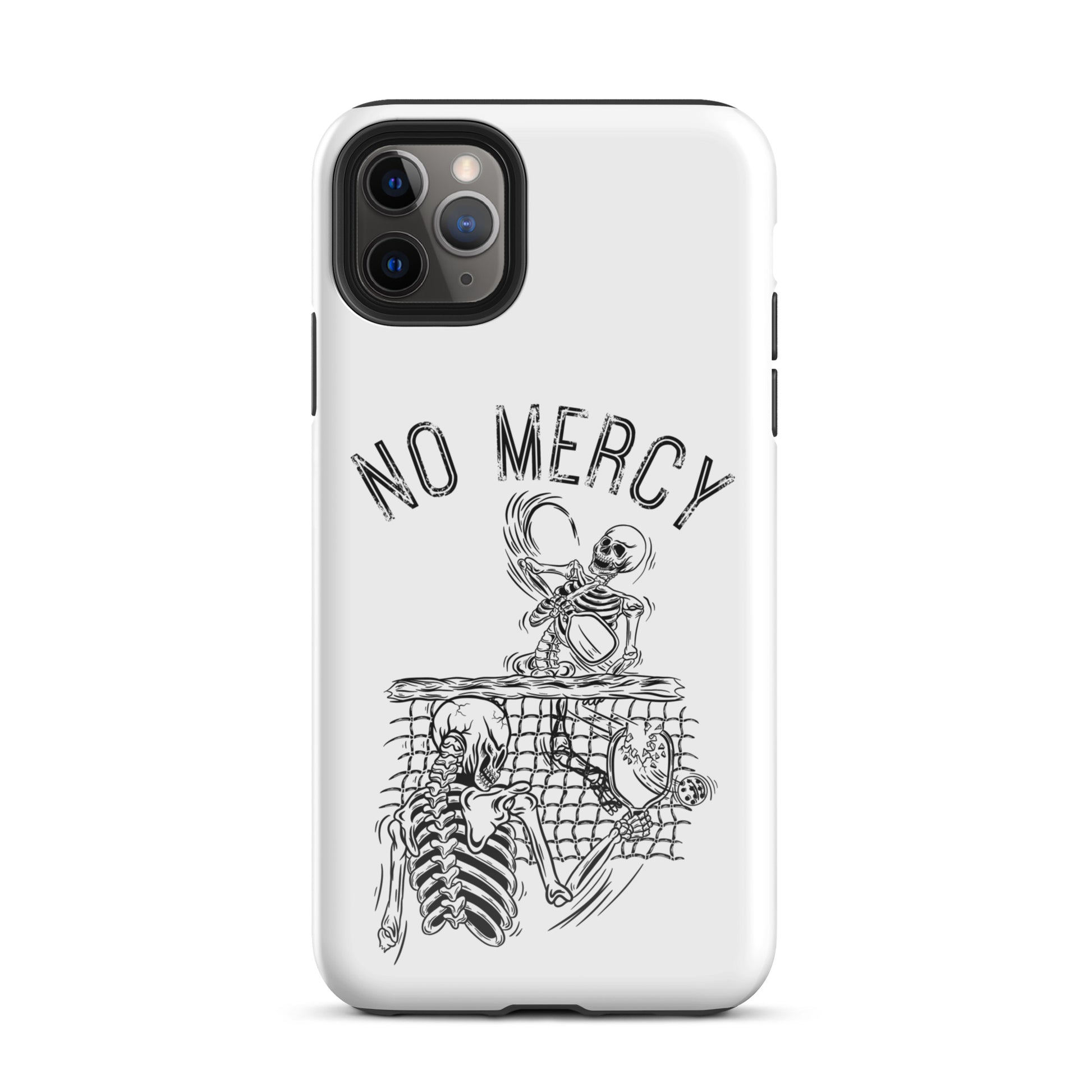Pickleball iPhone case with "No Mercy" design, featuring skeleton illustration over a net, perfect for aggressive court players.