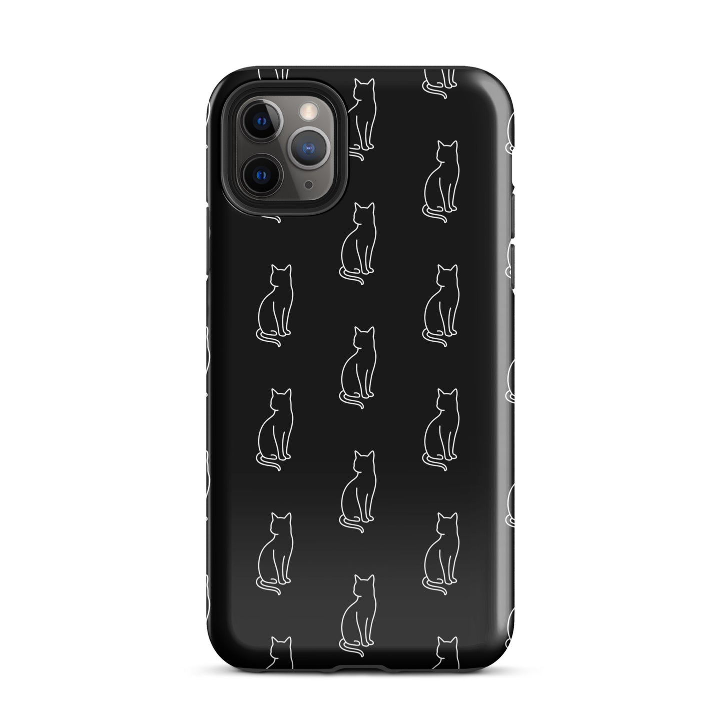 Phone Case for iPhone featuring minimalist sitting cat pattern on black background, perfect for feline fans who love clean aesthetics.