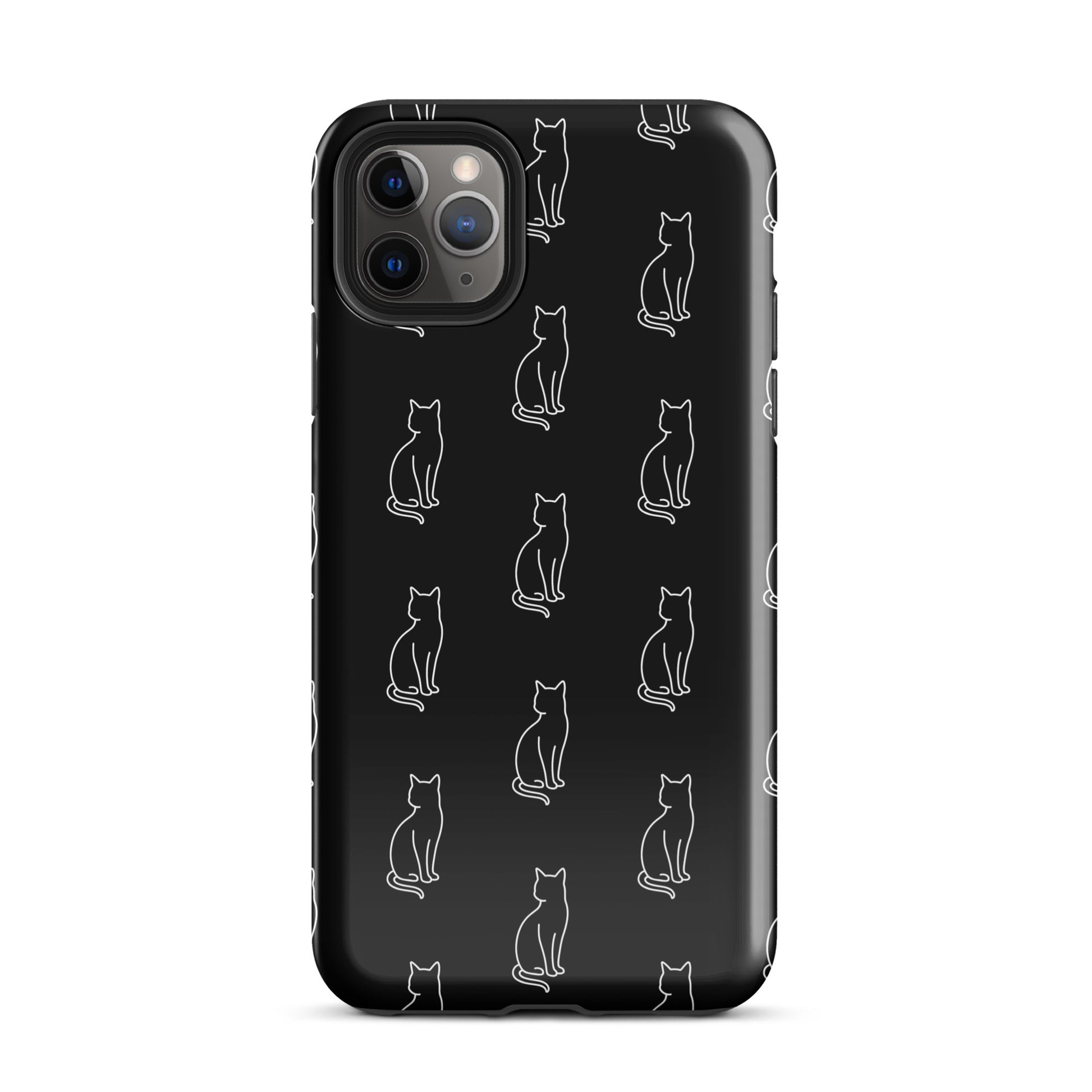 Phone Case for iPhone featuring minimalist sitting cat pattern on black background, perfect for feline fans who love clean aesthetics.