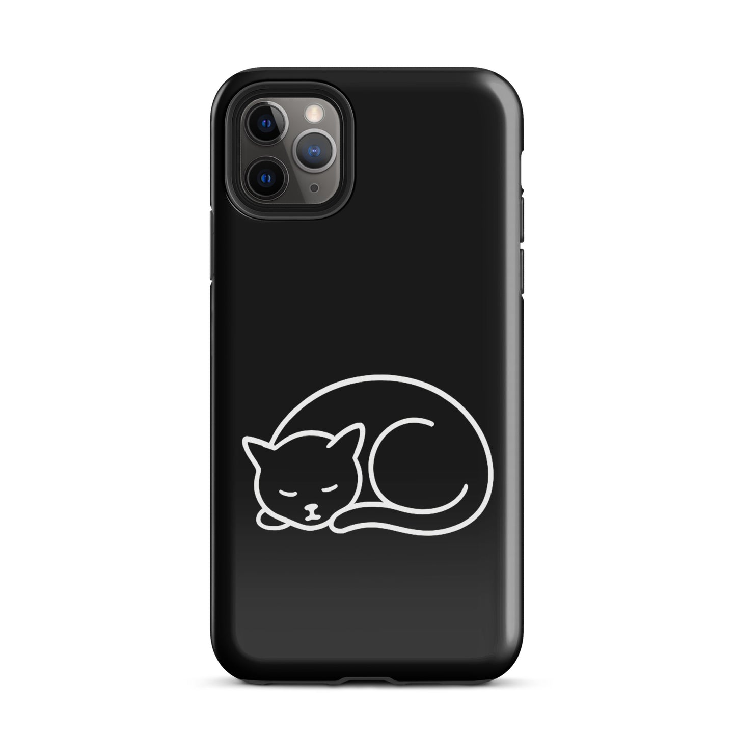 phone case for iPhone with minimalist curled-up cat design, dual-layer protection, sleek black with white cat graphic.