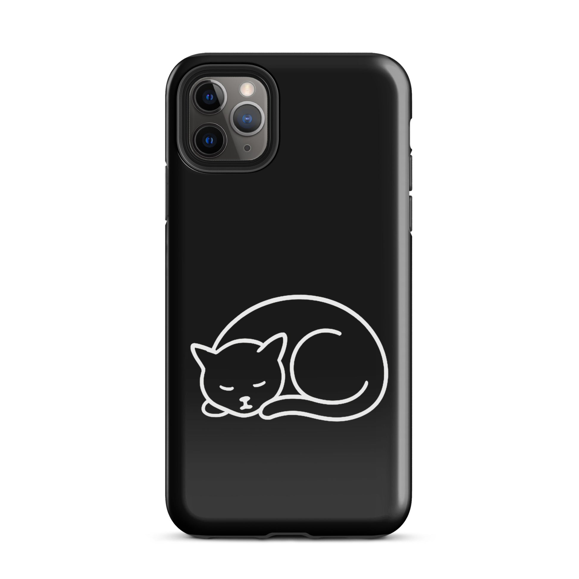 phone case for iPhone with minimalist curled-up cat design, dual-layer protection, sleek black with white cat graphic.