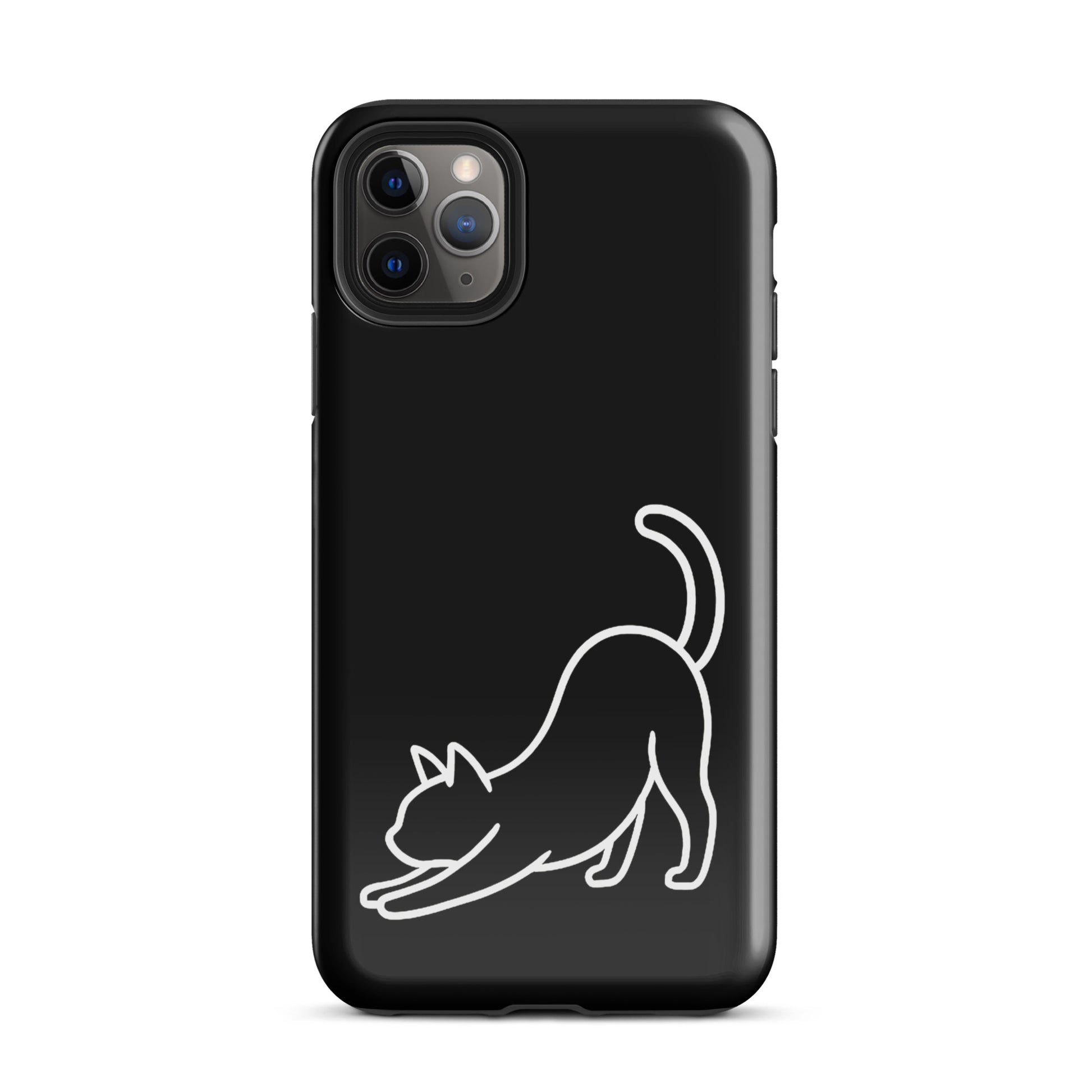 Phone Case featuring minimalist stretching cat design for iPhone, providing sleek look and impact protection.