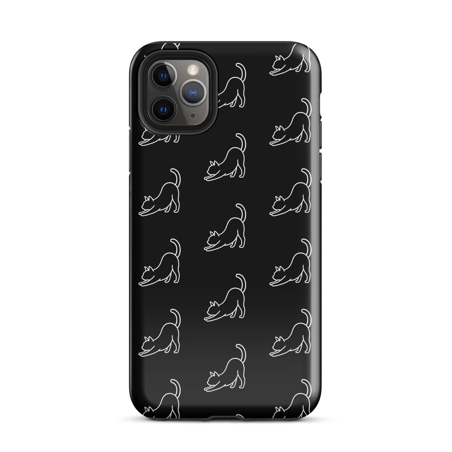Phone Case with minimalist stretching cat pattern for iPhone, featuring black background with white cat illustrations. Perfect for cat lovers.
