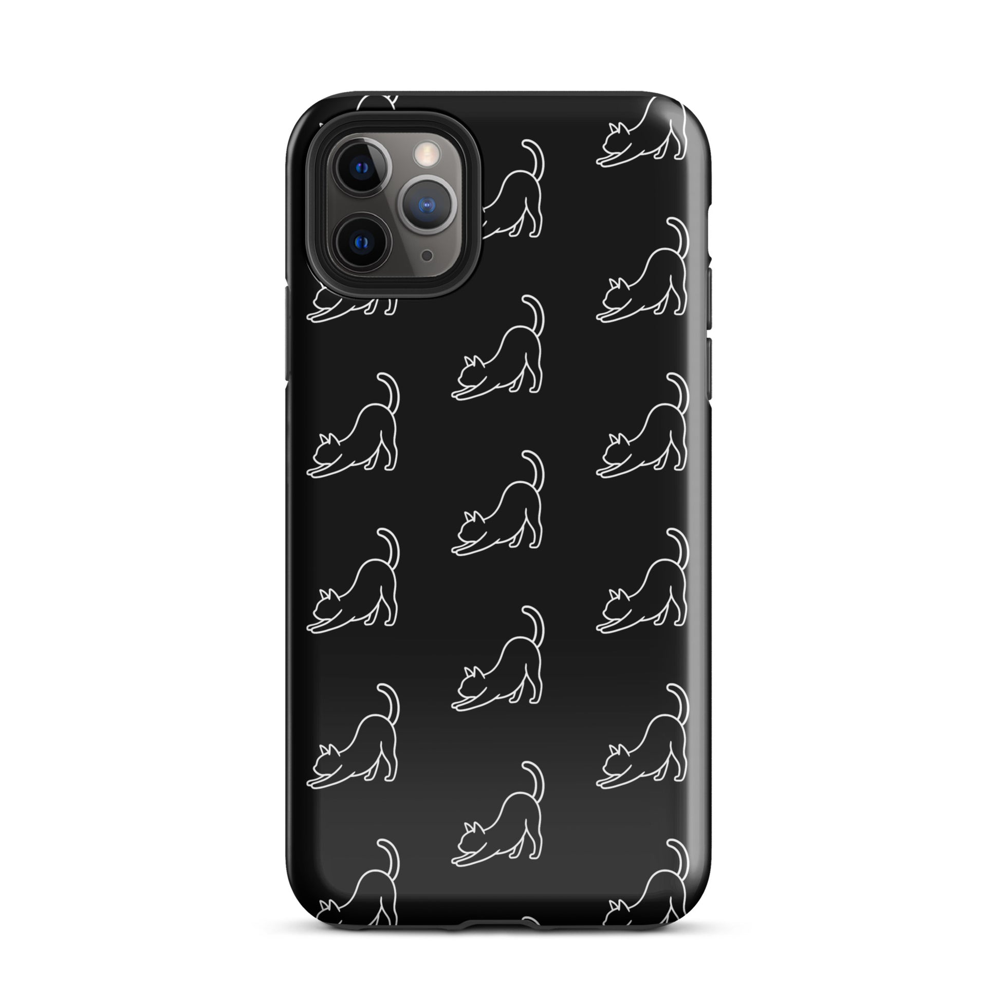 Phone Case with minimalist stretching cat pattern for iPhone, featuring black background with white cat illustrations. Perfect for cat lovers.