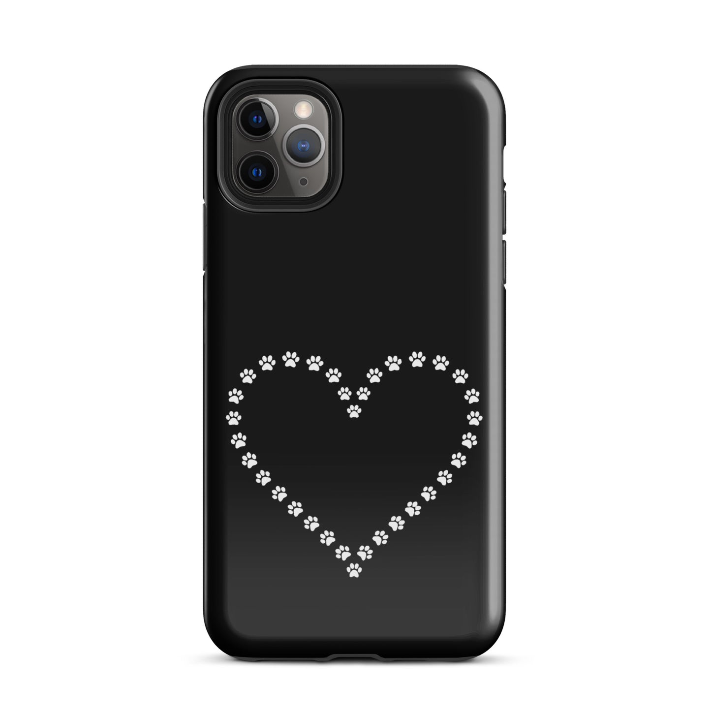 Phone Case with cute paw print heart design for pet lovers, featuring a black background and durable protection for iPhone.