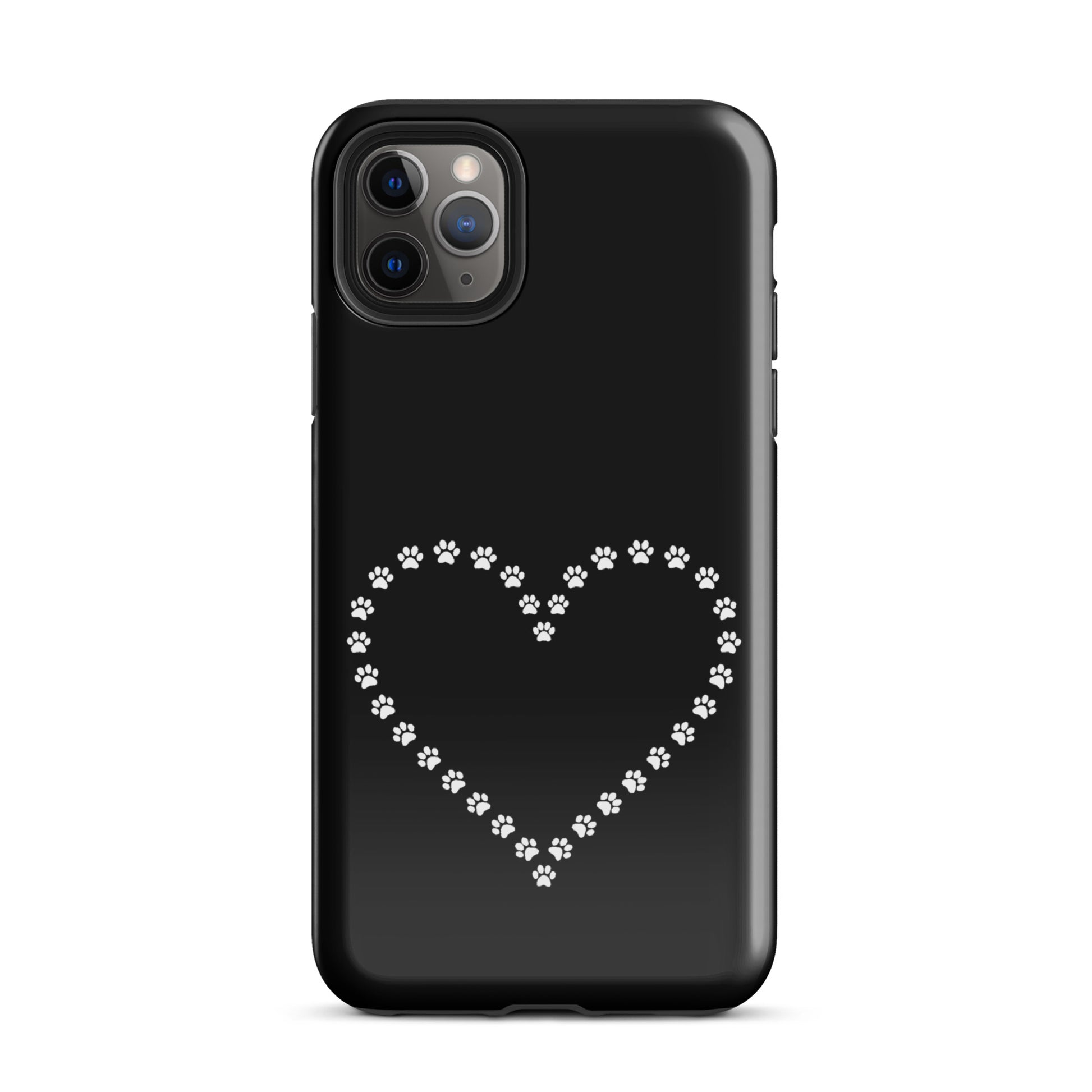 Phone Case with cute paw print heart design for pet lovers, featuring a black background and durable protection for iPhone.
