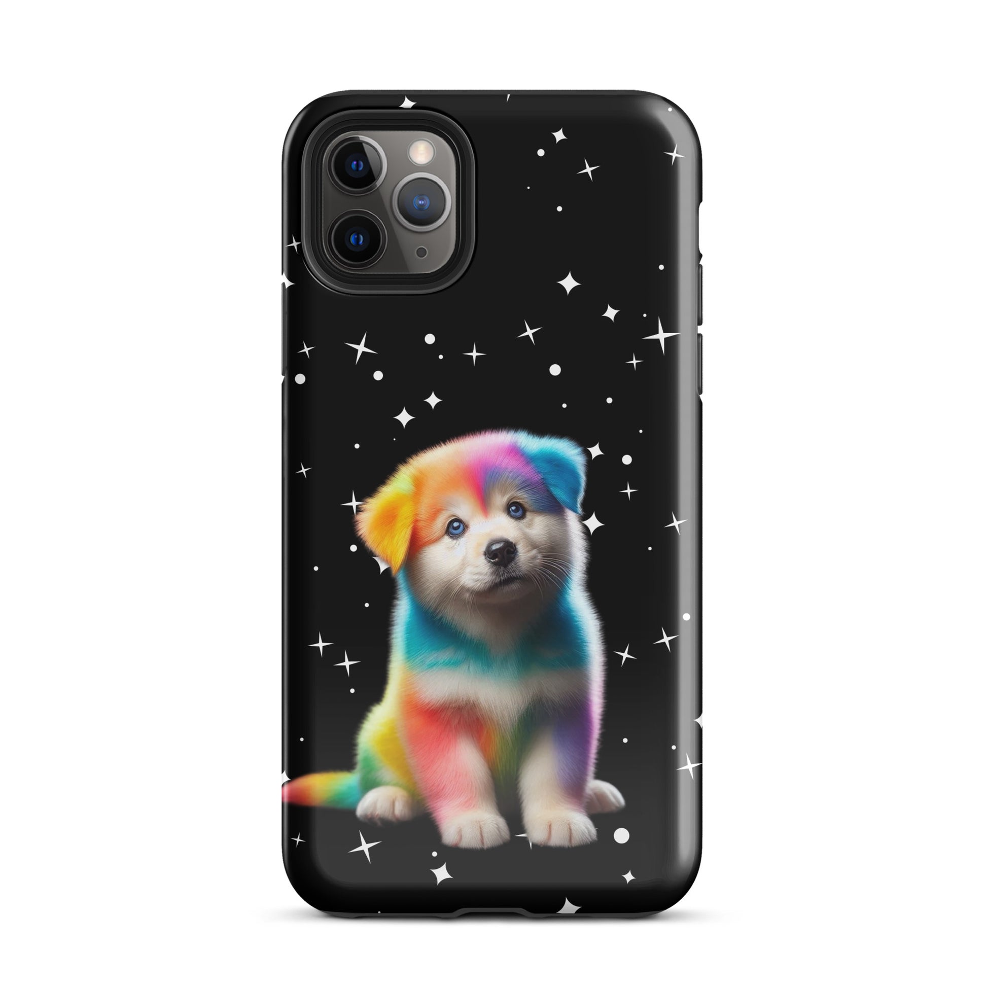 Phone Case with rainbow puppy and starry night design for iPhone, featuring vibrant colors and cosmic sparkle.