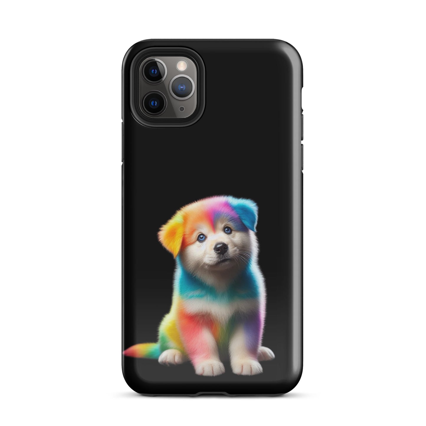 Phone Case with rainbow puppy design on a dark night sky background for iPhone, showcasing vibrant colors and cosmic charm.