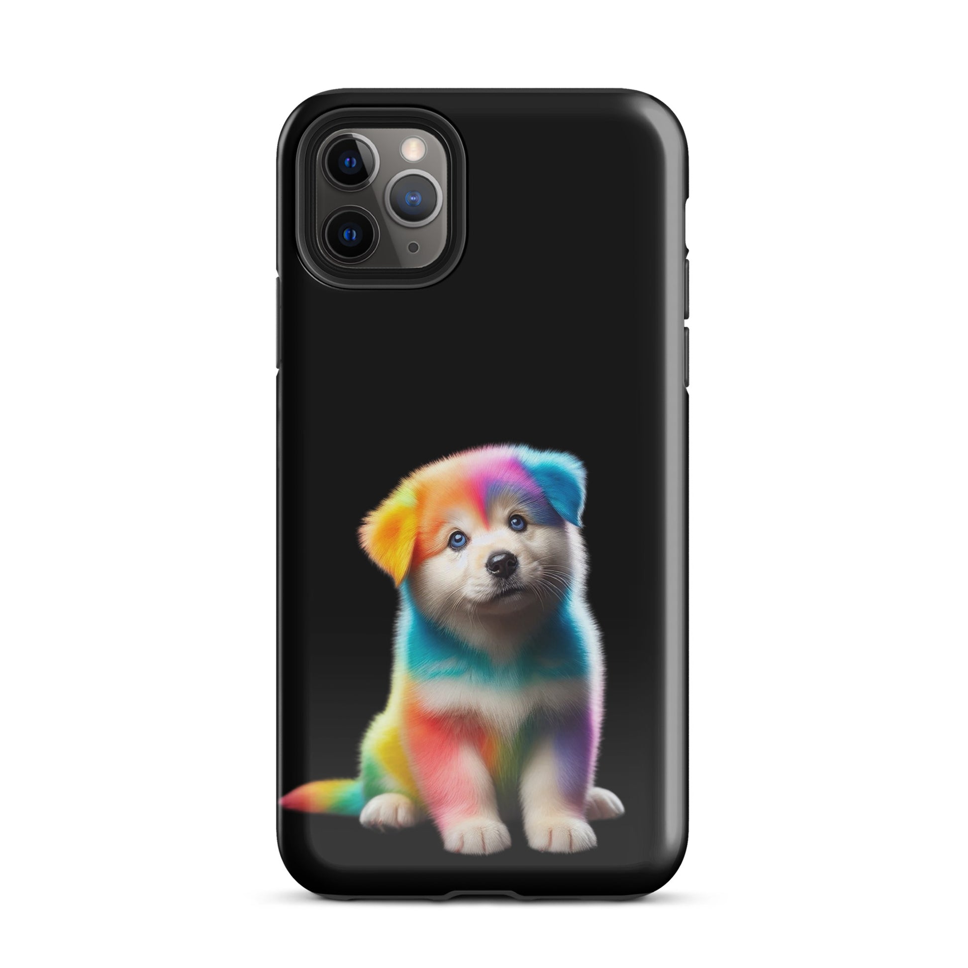 Phone Case with rainbow puppy design on a dark night sky background for iPhone, showcasing vibrant colors and cosmic charm.