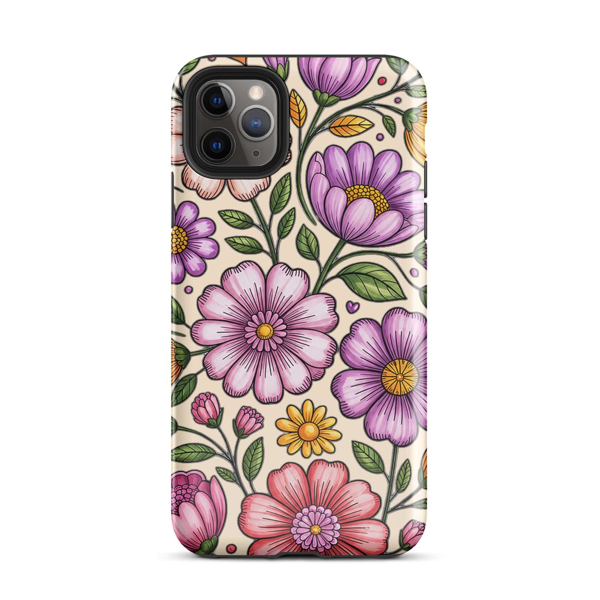 Phone Case for iPhone with pastel floral design in pink, lavender, peach, and yellow on a deep background, offering charm and protection.