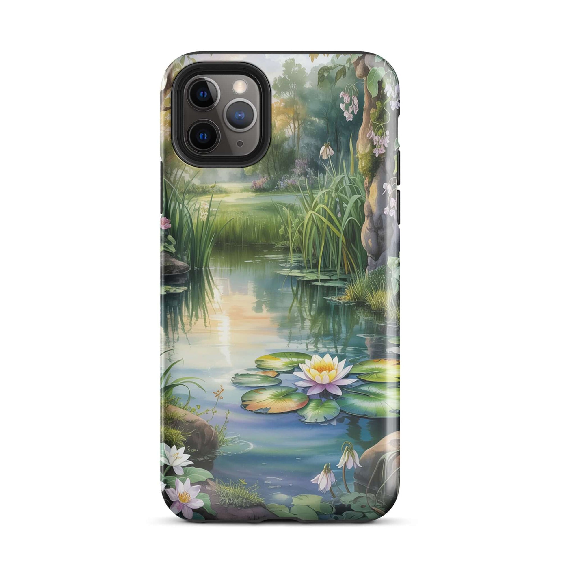 Phone Case for iPhone featuring enchanted pond with lily pads, soft sunset light, and wildflowers, evoking a peaceful storybook charm.