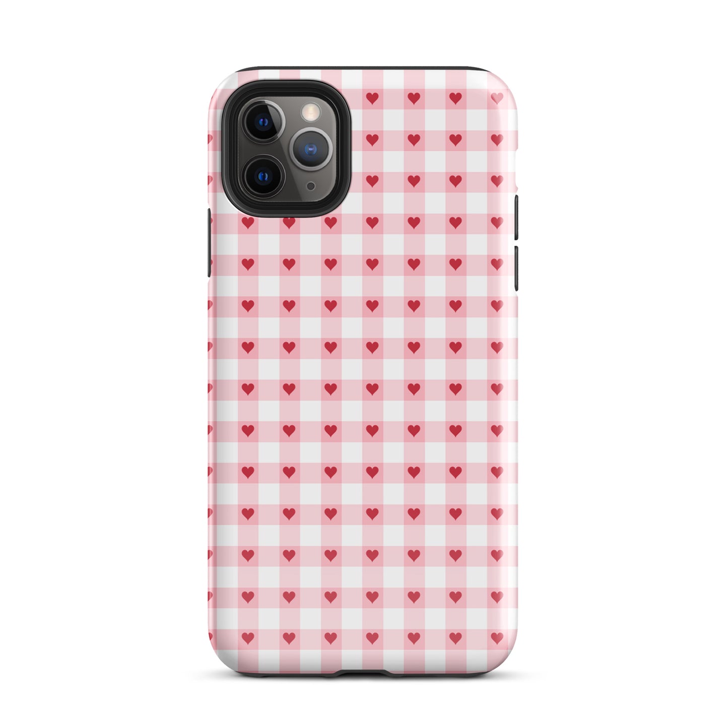 Phone Case with pink-and-white gingham heart pattern for iPhone, combining style and durability in a chic accessory.