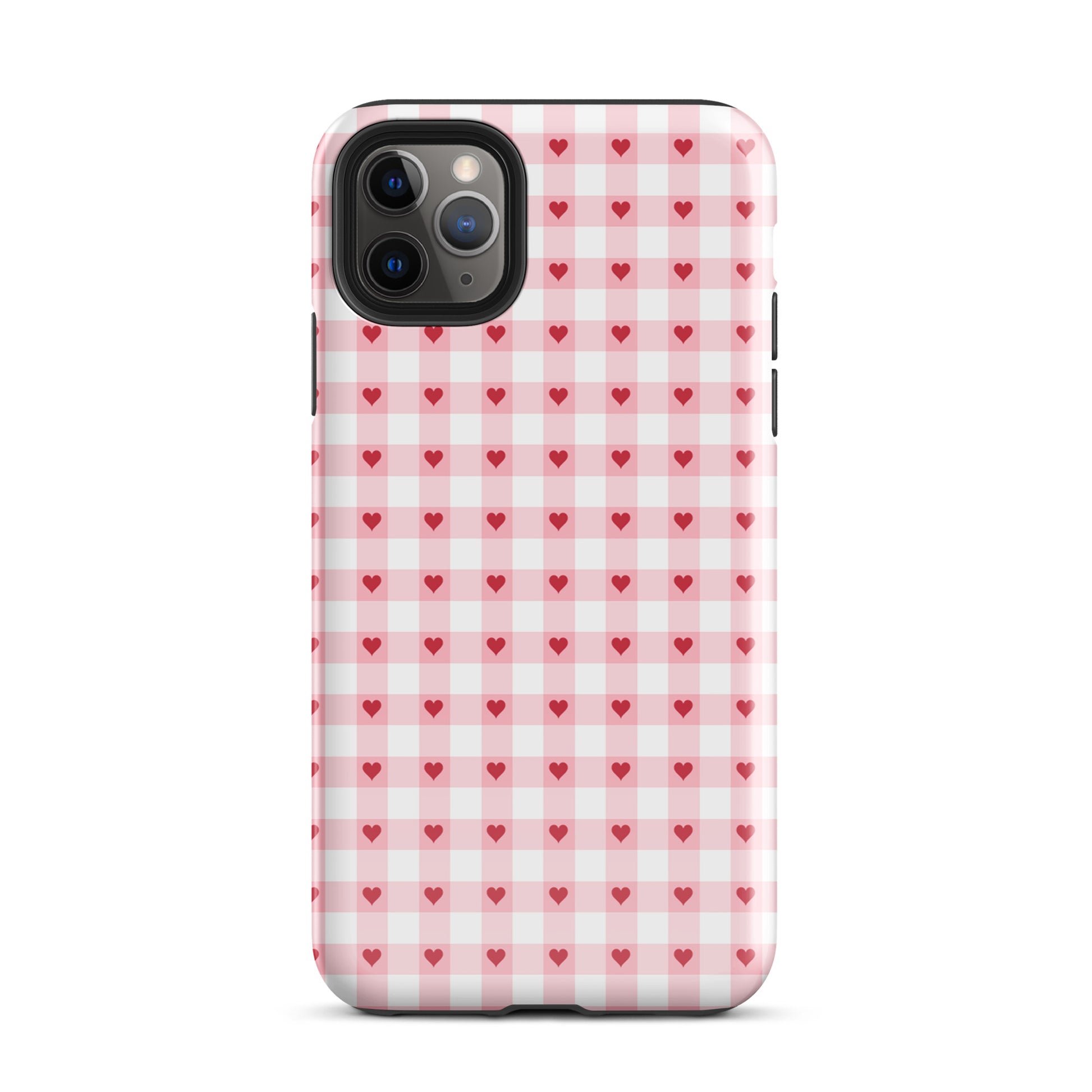 Phone Case with pink-and-white gingham heart pattern for iPhone, combining style and durability in a chic accessory.