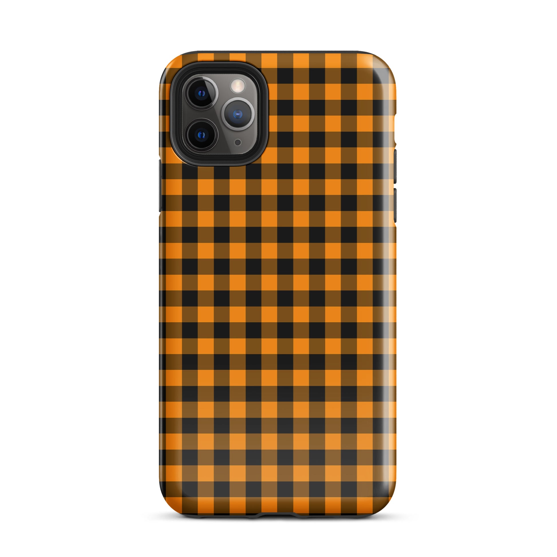 phone case with black-and-orange gingham Autum theme for iPhone, stylish design and durable material.