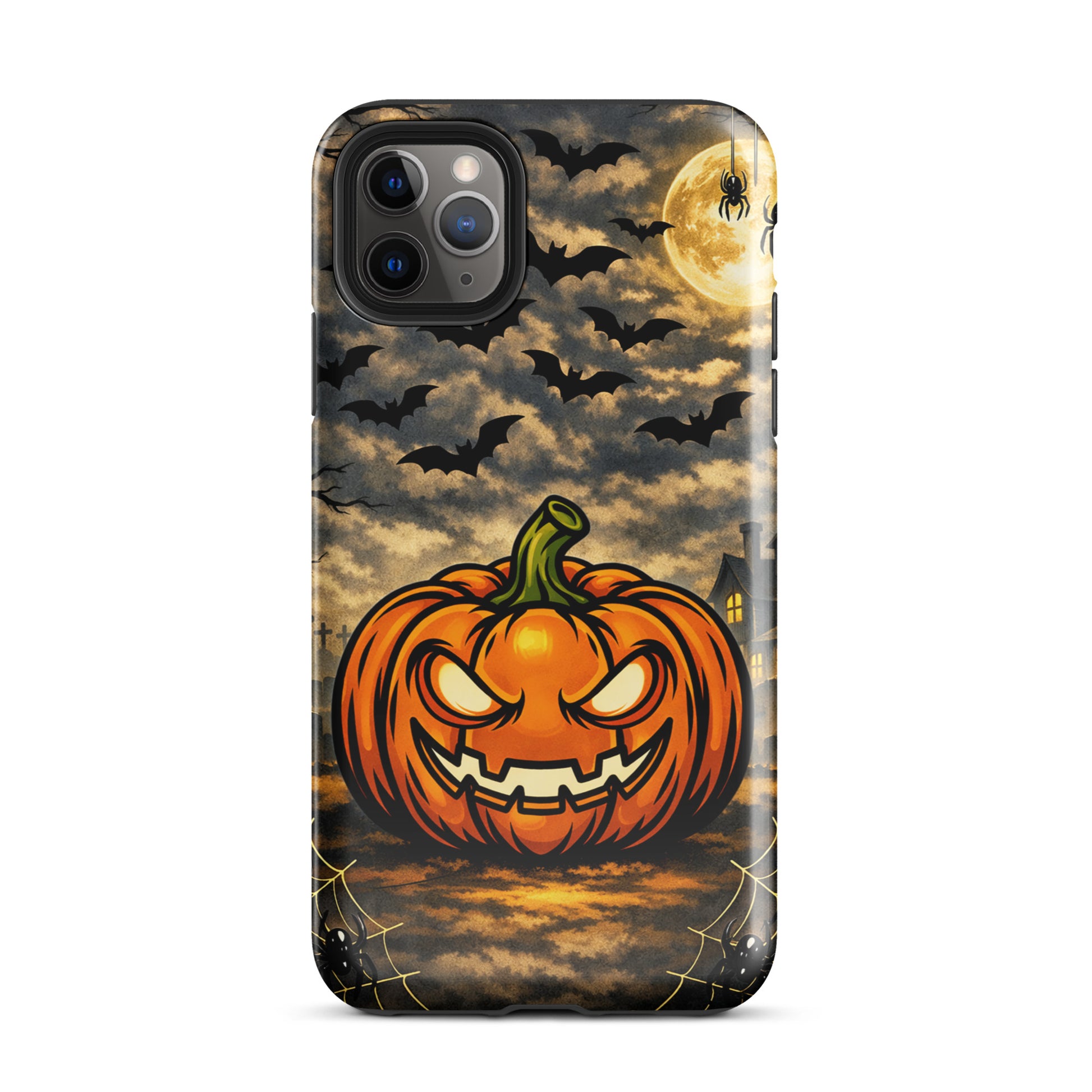 Phone Case for iPhone featuring a haunted pumpkin, bats, and moonlit clouds with a spooky Halloween scene.