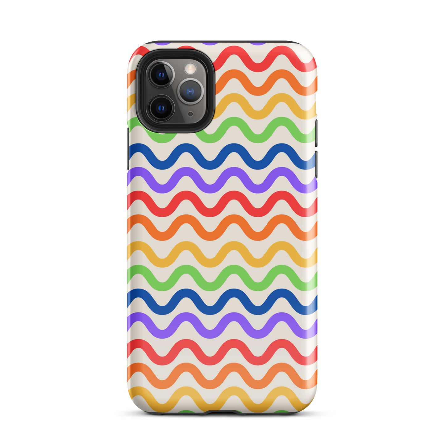 Phone Case for iPhone with wavy rainbow pattern, featuring purple, red, orange, yellow, green, and blue on a white backdrop.