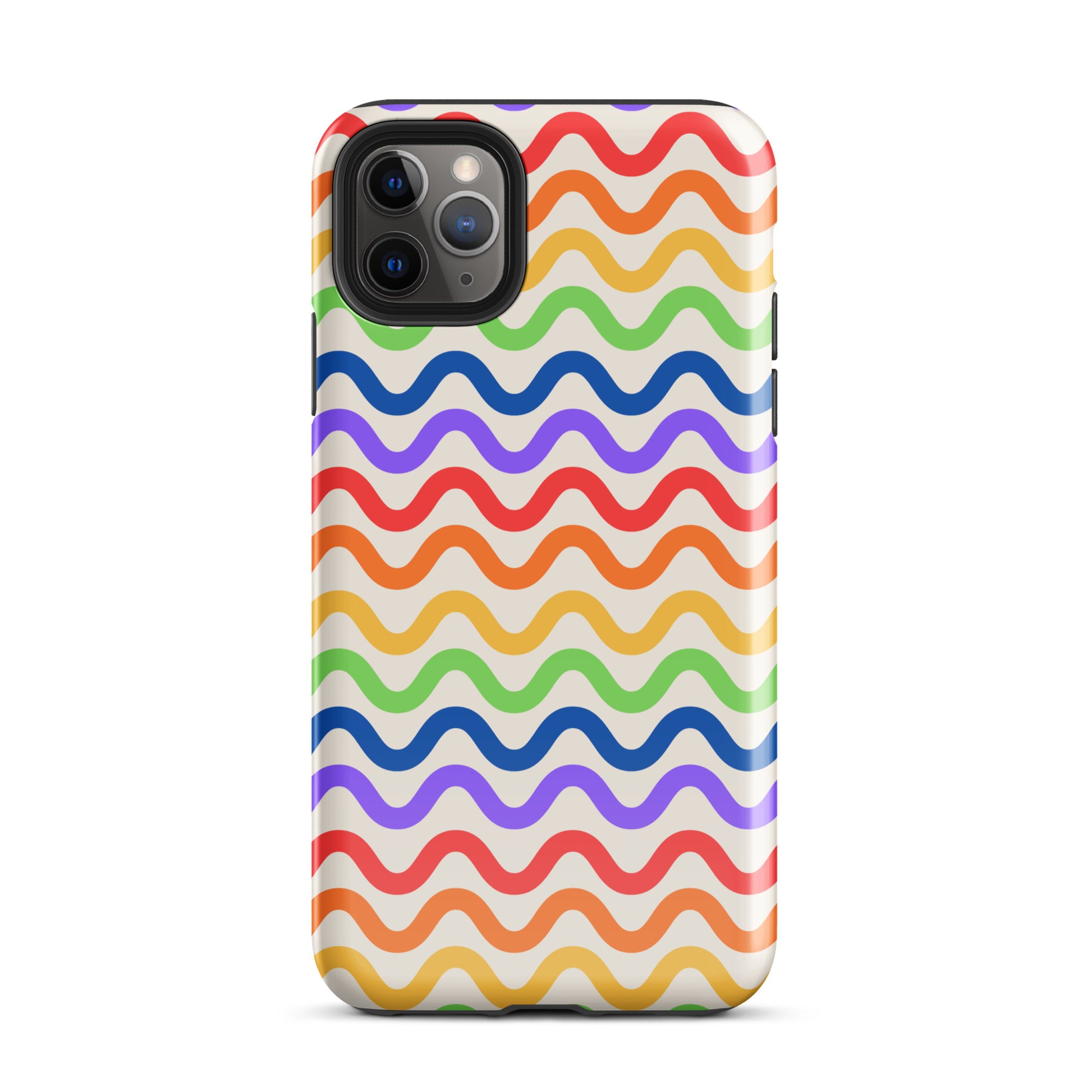 Phone Case for iPhone with wavy rainbow pattern, featuring purple, red, orange, yellow, green, and blue on a white backdrop.