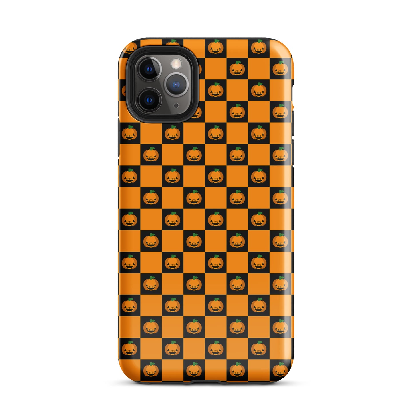 Phone Case with playful pumpkin checkered Halloween design featuring jack-o’-lanterns and orange-black squares, fits iPhone.