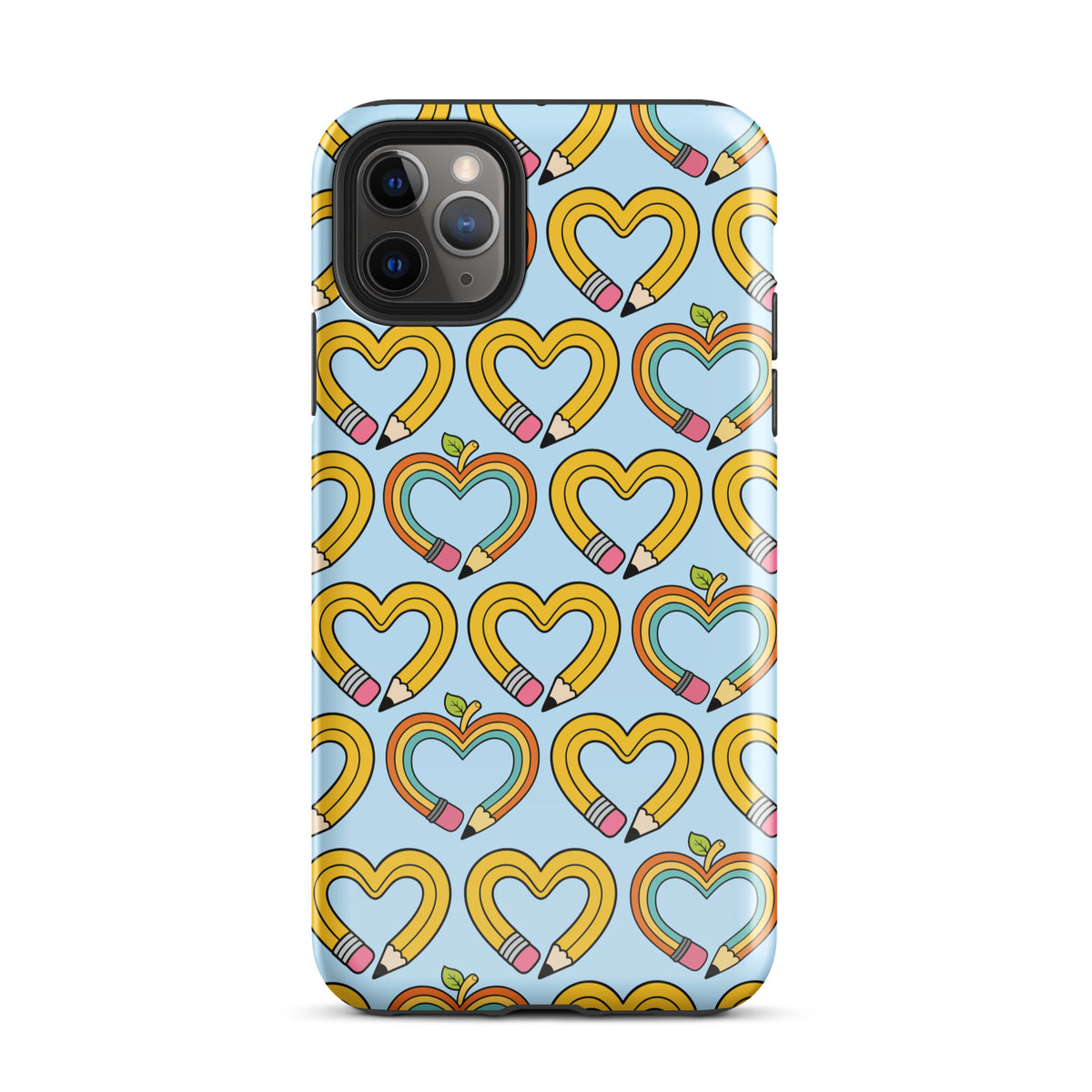 Phone Case with playful pencil-heart pattern, featuring yellow pencil hearts with leaves on an iPhone case, symbolizing creativity and fun.